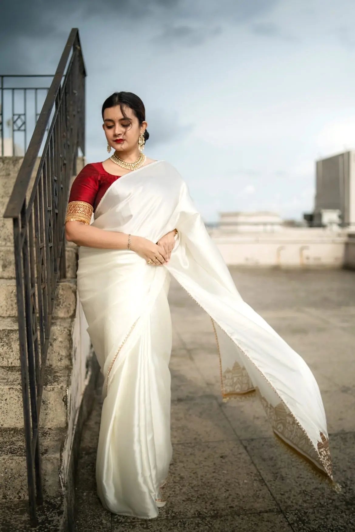 Cream Satin Silk Taj Mahal Saree - kreationbykj