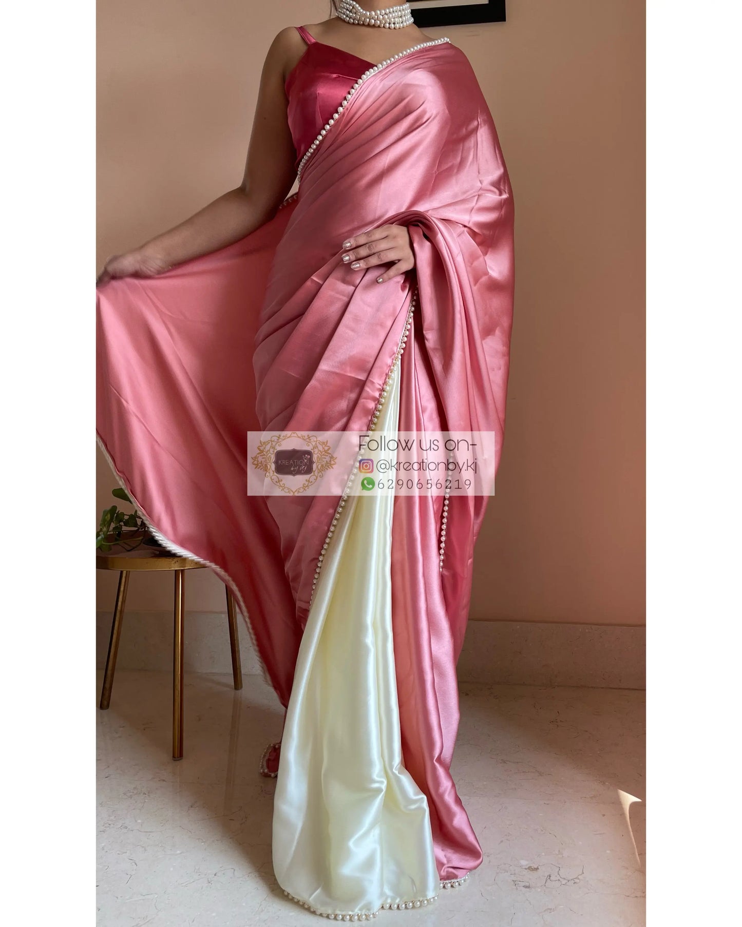Strawberry Vanilla Two in One Satin Saree - kreationbykj