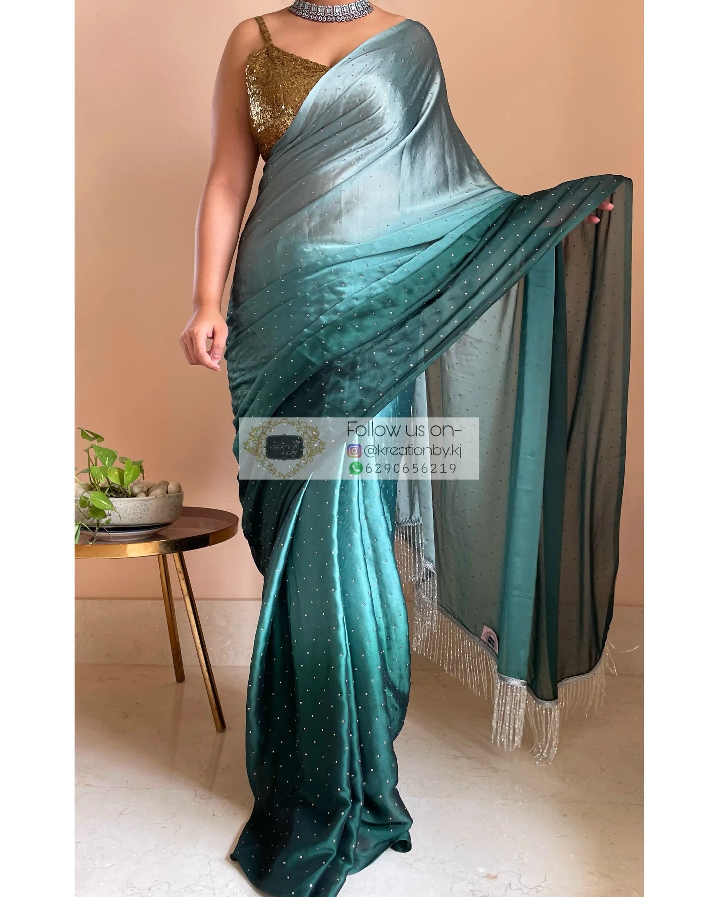 Ombré Emerald Green Saree with Stone Work - kreationbykj