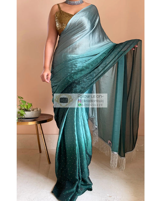 Ombré Emerald Green Saree with Stone Work - kreationbykj