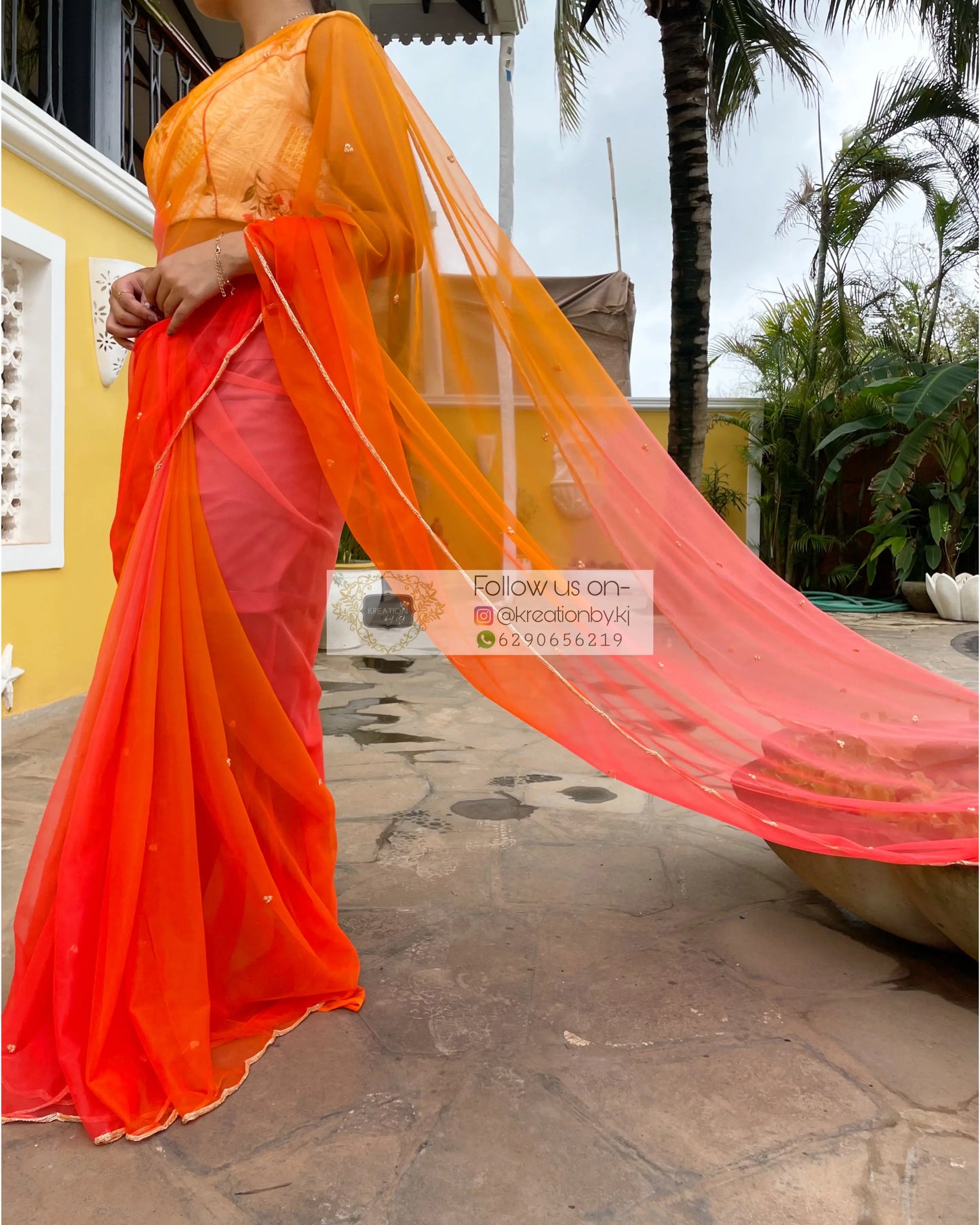 Orange Ombré Net saree with handembroidered scallop - kreationbykj