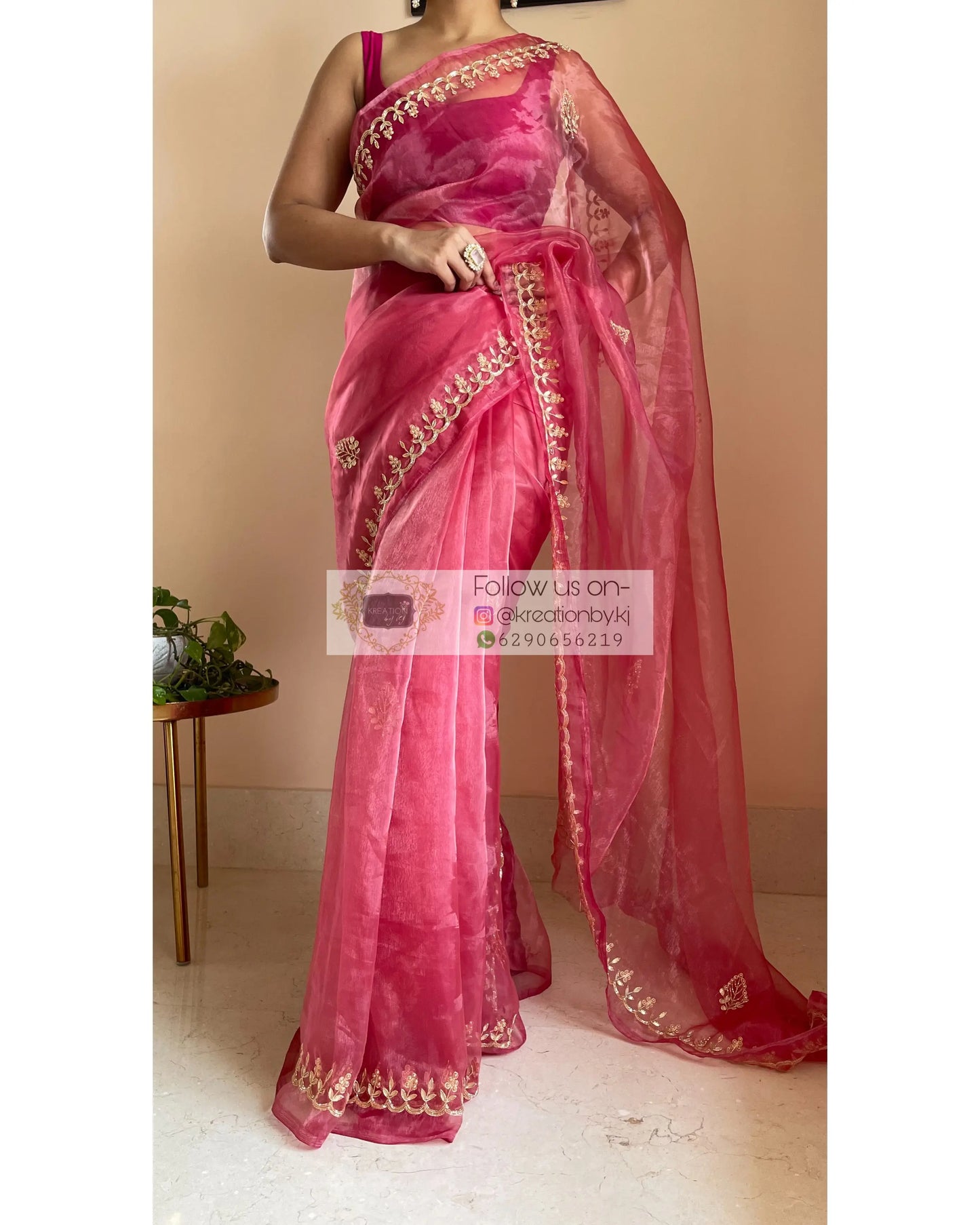 Pink Glass Tissue Saree with Gota Patti border - kreationbykj