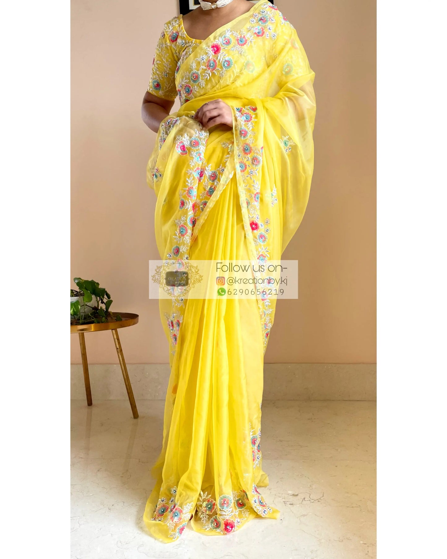 Yellow Organza Saree with Heavy Blouse - kreationbykj