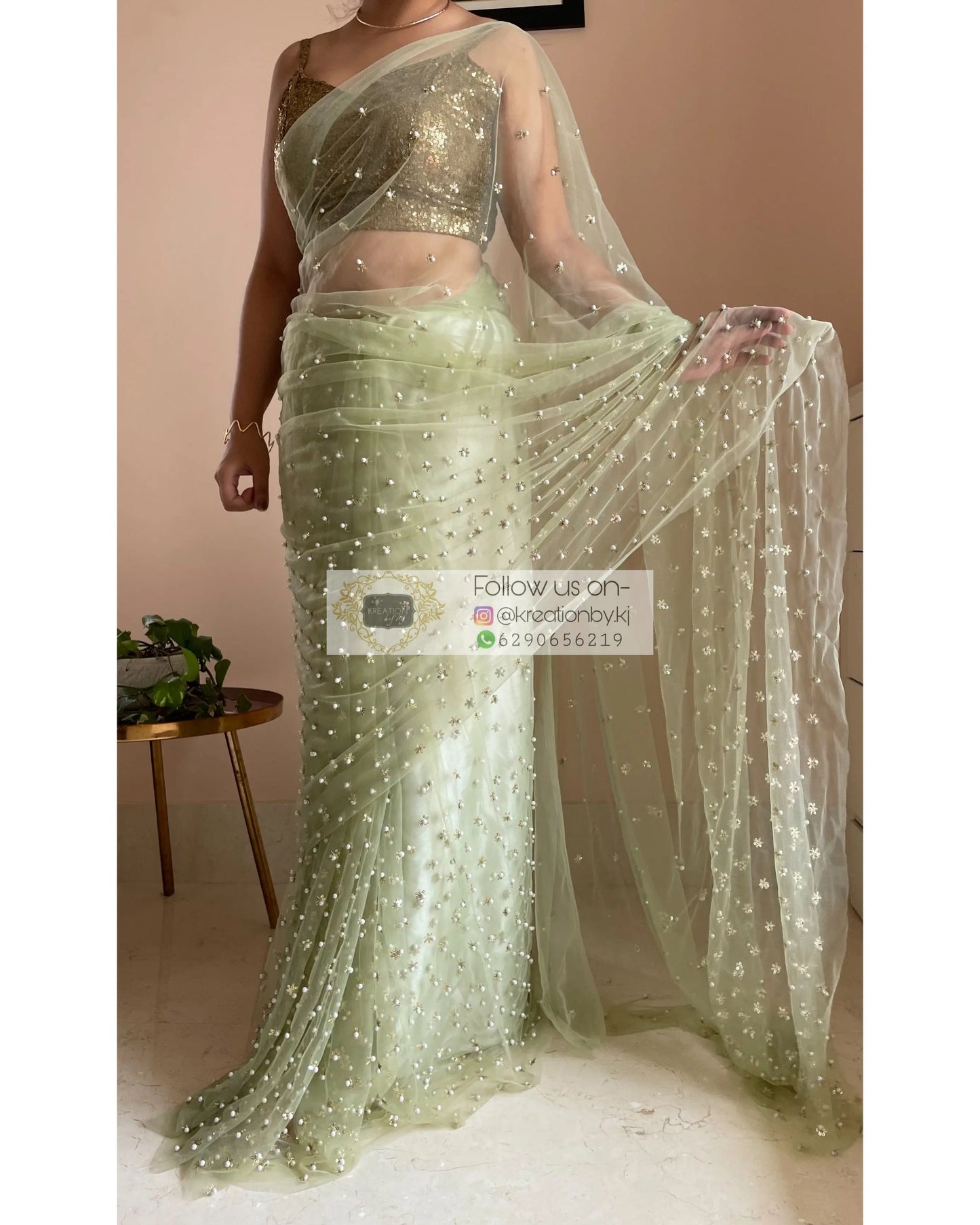 Jugnoo Green Net Saree - kreationbykj