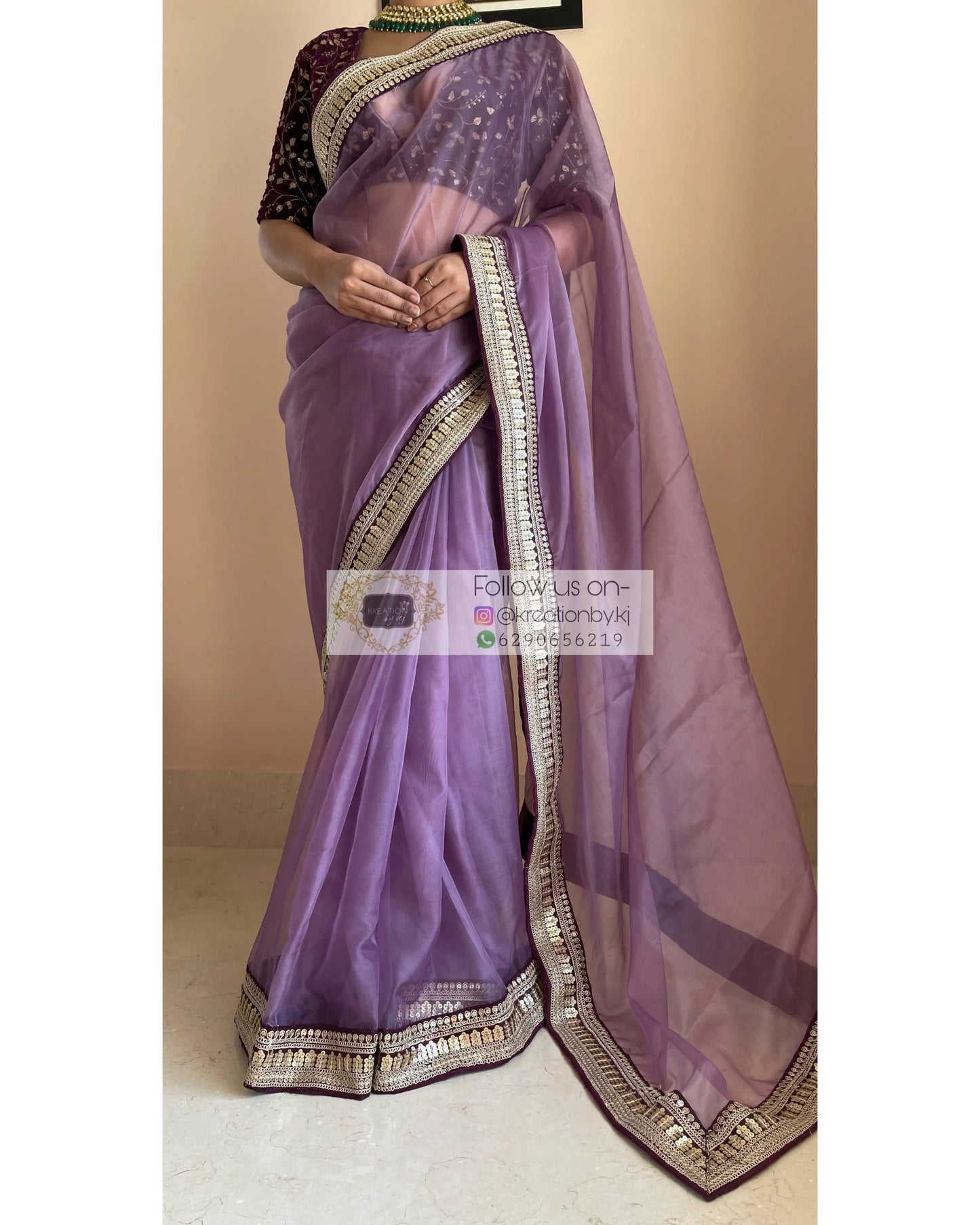Light Purple Organza Saree with Wine Border - kreationbykj