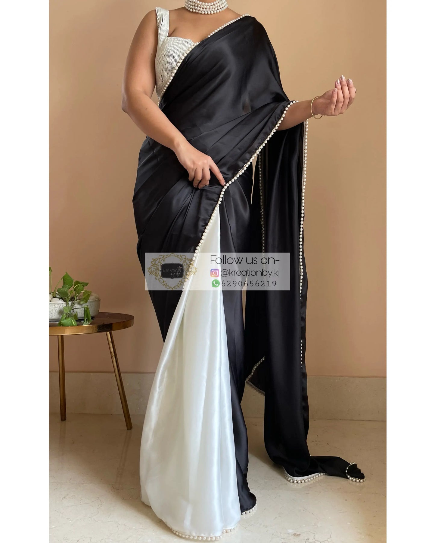 Monochrome Two in One Satin Saree - kreationbykj