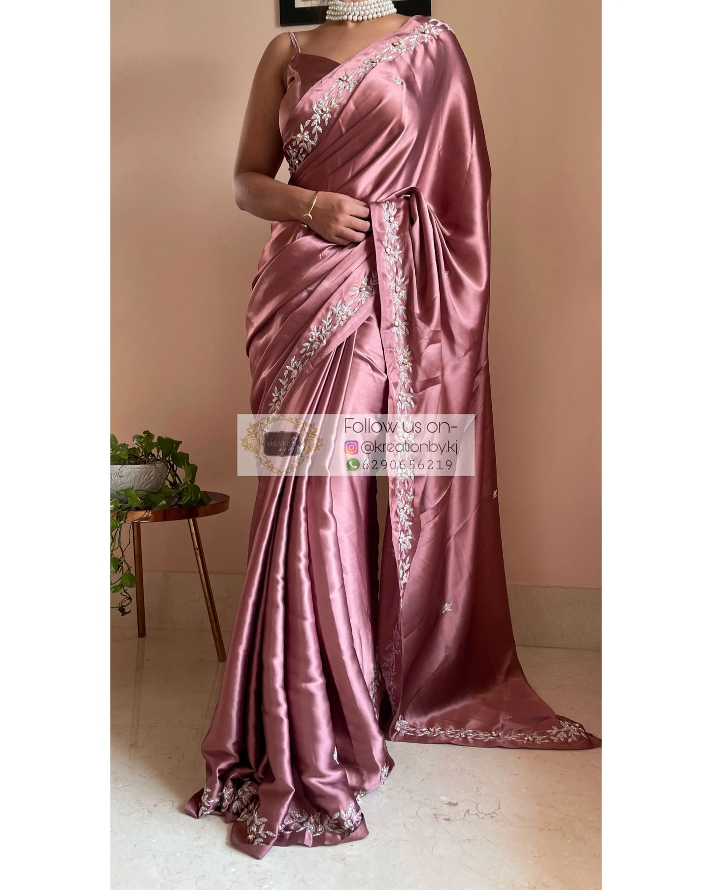 Rose Gold Satin Silk Chandani Saree - kreationbykj