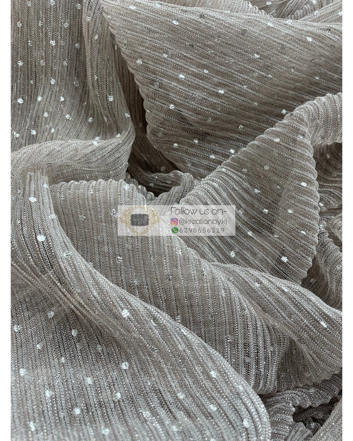 Silver with Polka Dots Pleated Shimmer Net Saree - kreationbykj