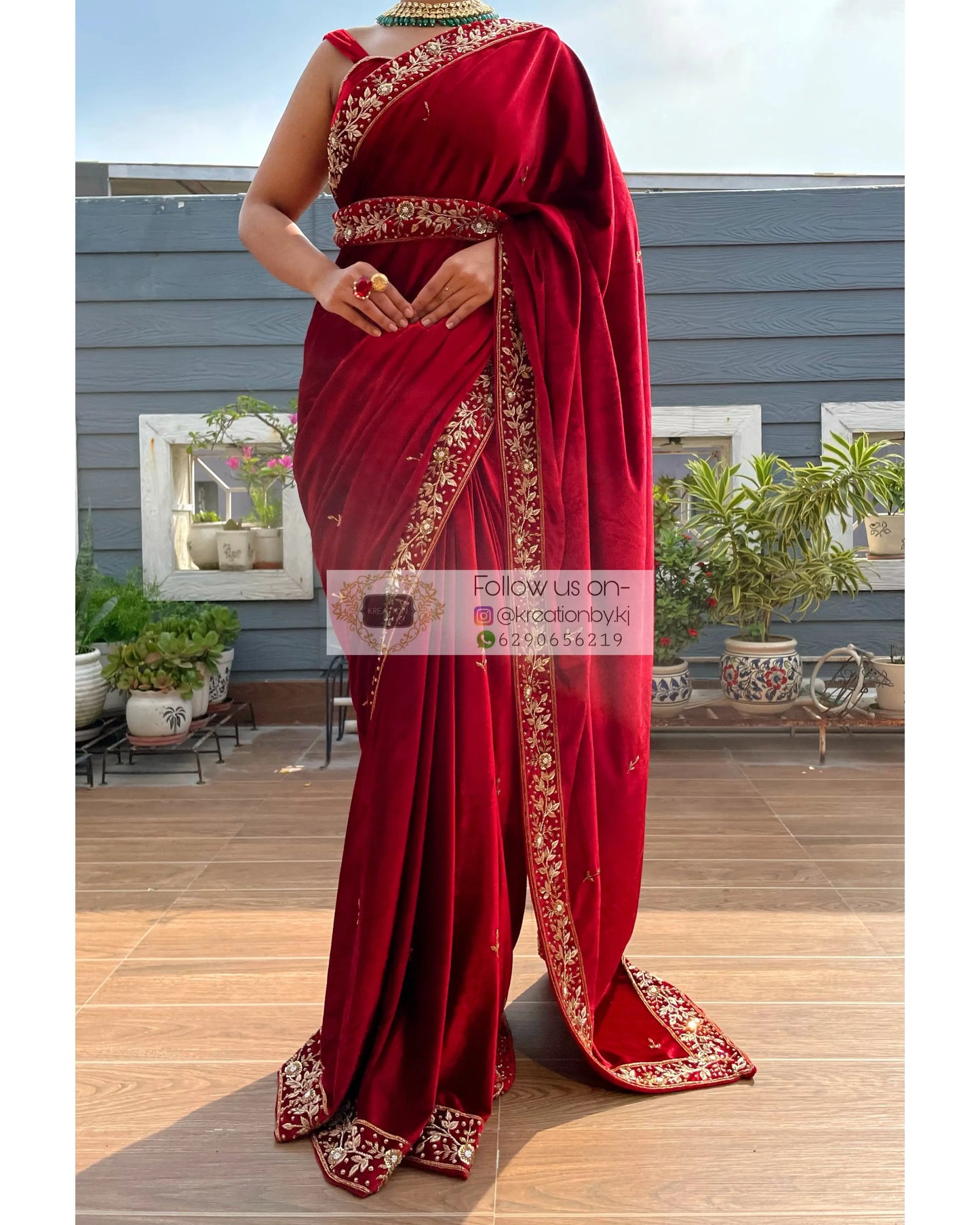 Anaya Maroon Velvet Saree with Belt - kreationbykj
