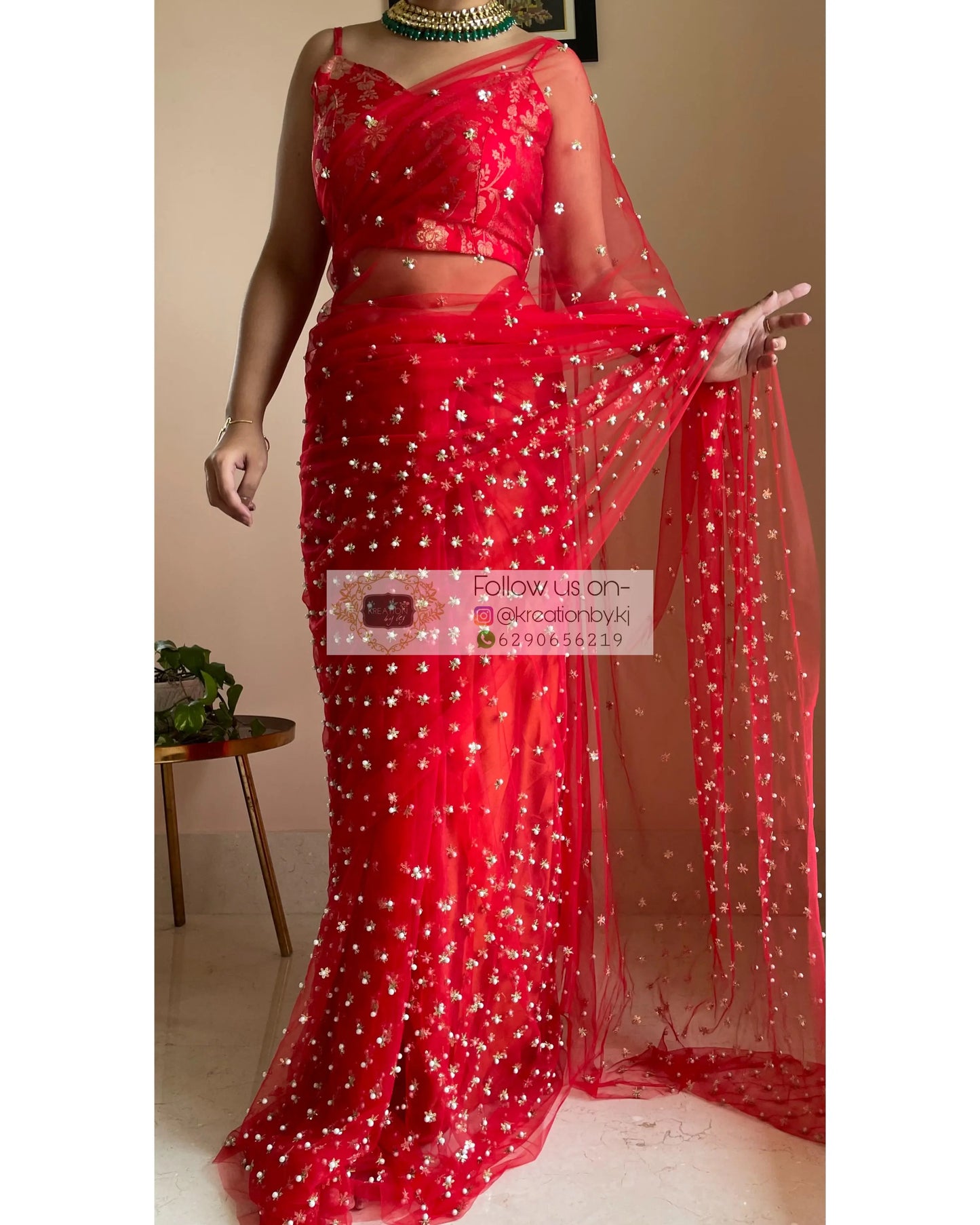 Jugnoo Red Net Saree - kreationbykj