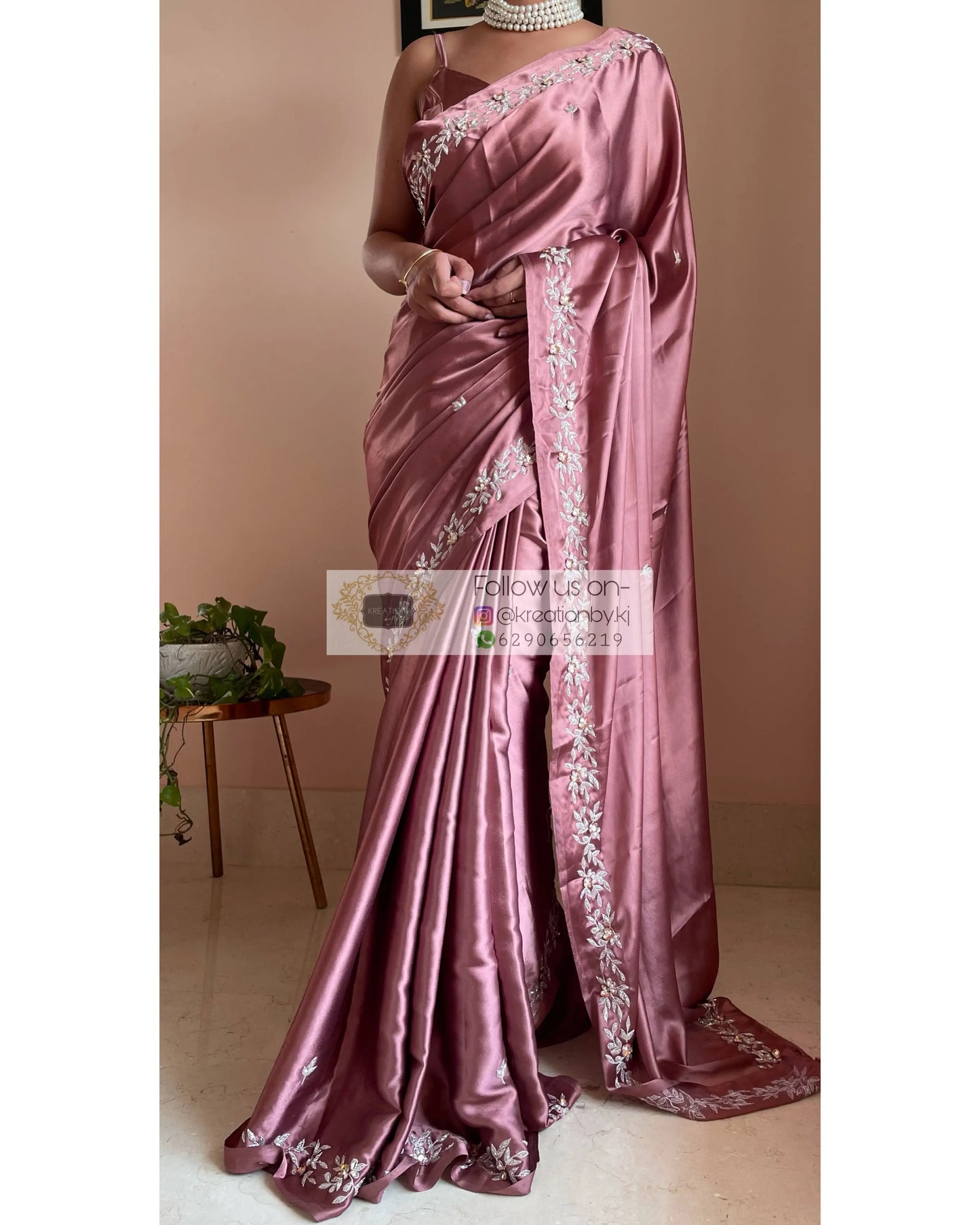 Rose Gold Satin Silk Chandani Saree - kreationbykj