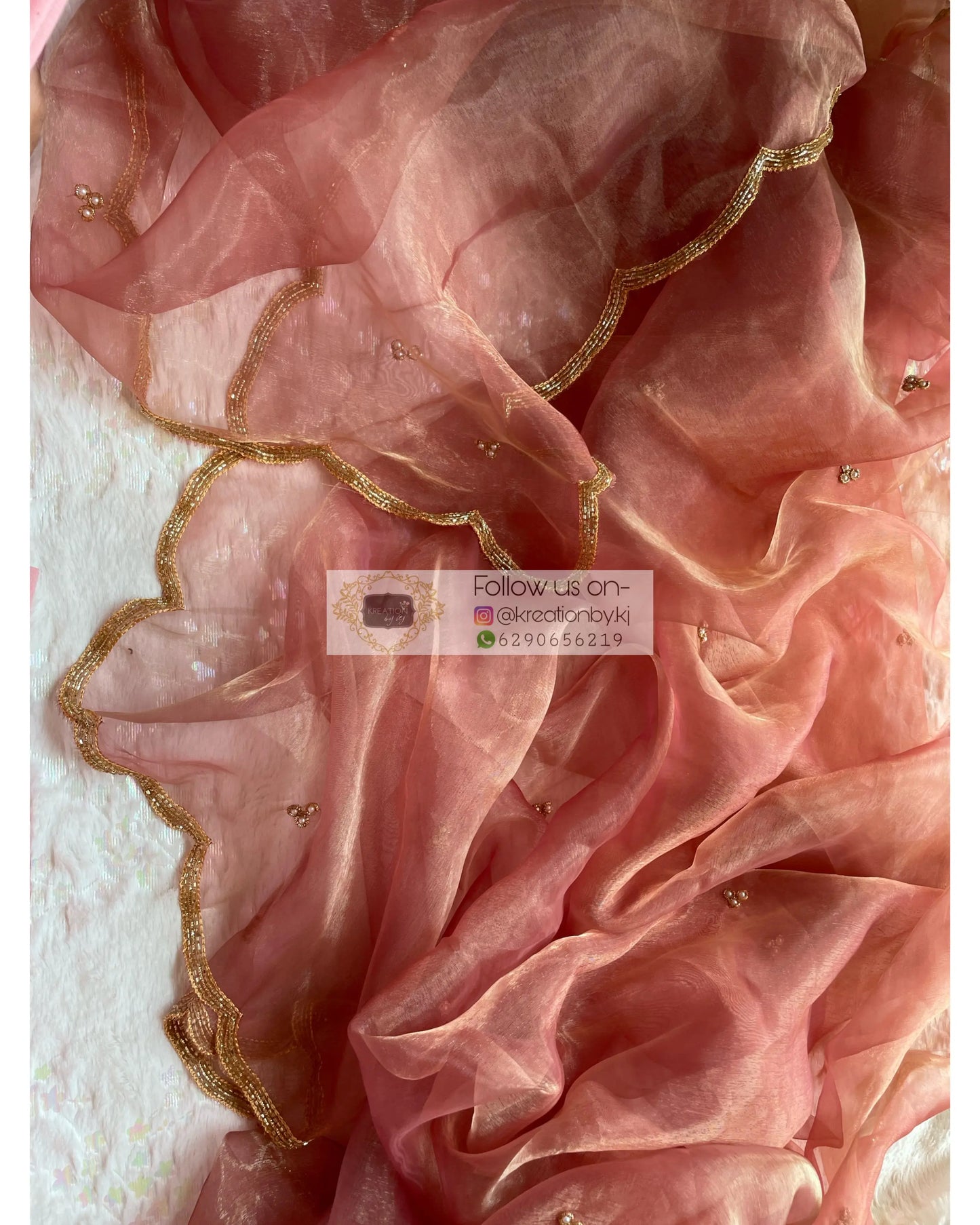 Rose Beige Glass Tissue Dupatta with Scallops - kreationbykj