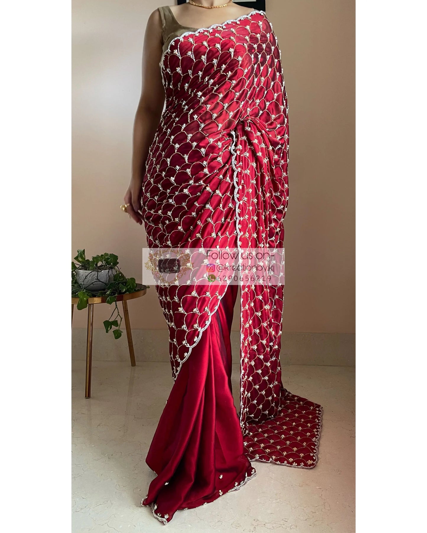 Maroon Georgette Cutdana Mehraab Jaal Saree - kreationbykj