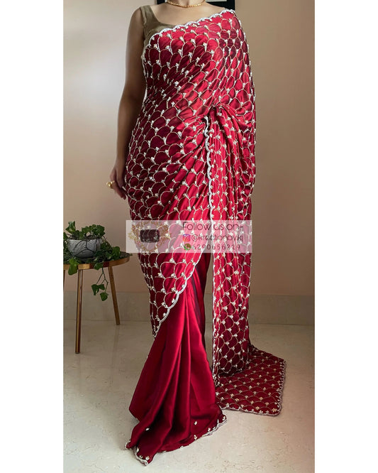 Maroon Georgette Cutdana Mehraab Jaal Saree - kreationbykj