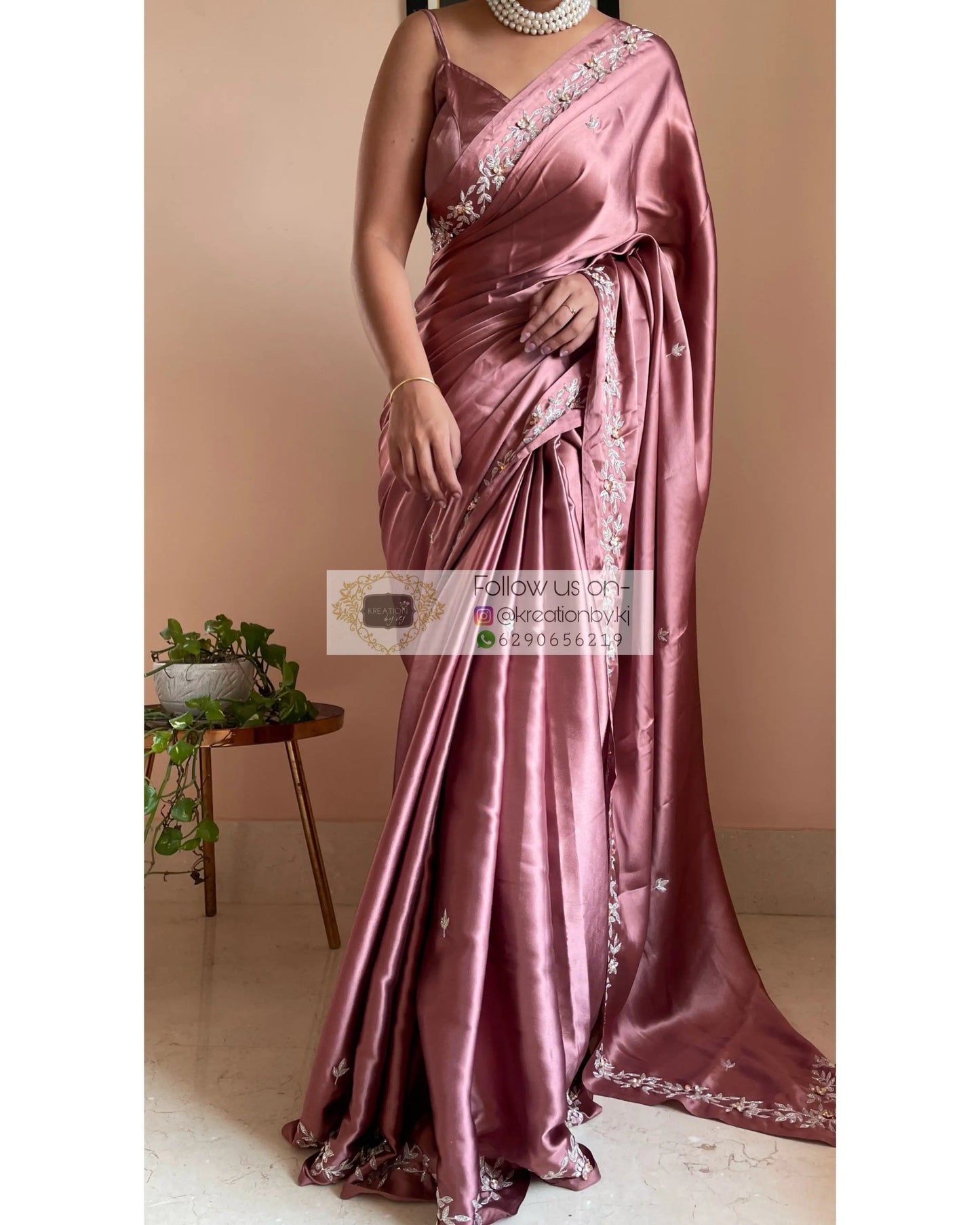 Rose Gold Satin Silk Chandani Saree - kreationbykj