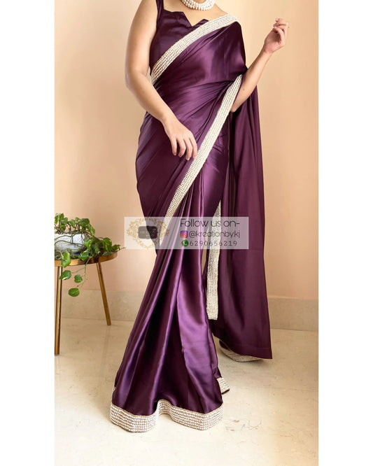 Dark Eggplant Wine Mother Of Pearl Saree - kreationbykj