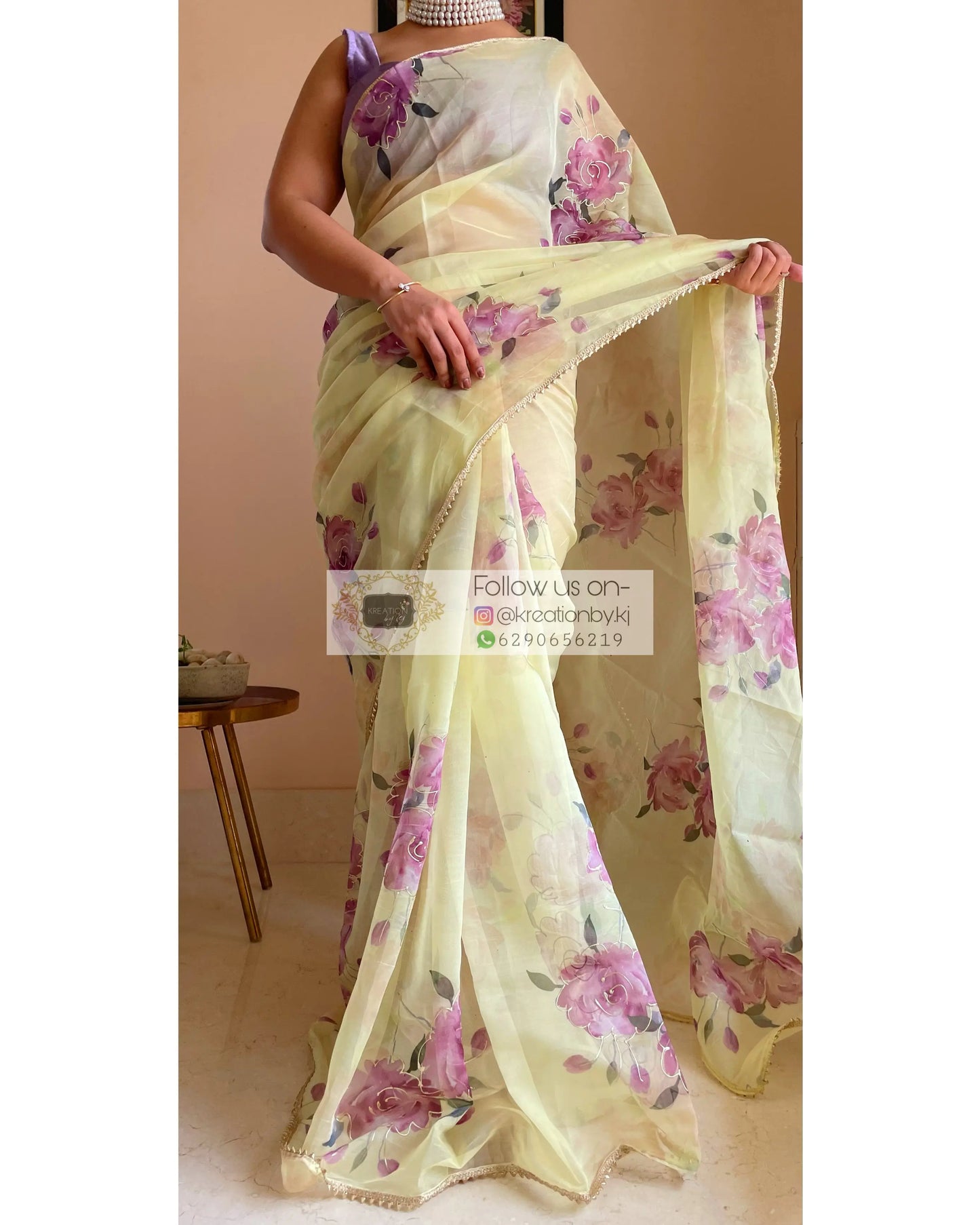 Lemon Rose Organza Saree - kreationbykj