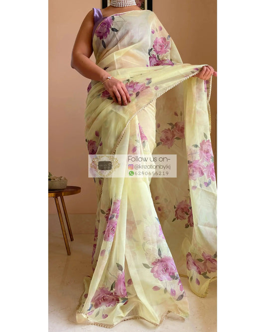 Lemon Rose Organza Saree - kreationbykj