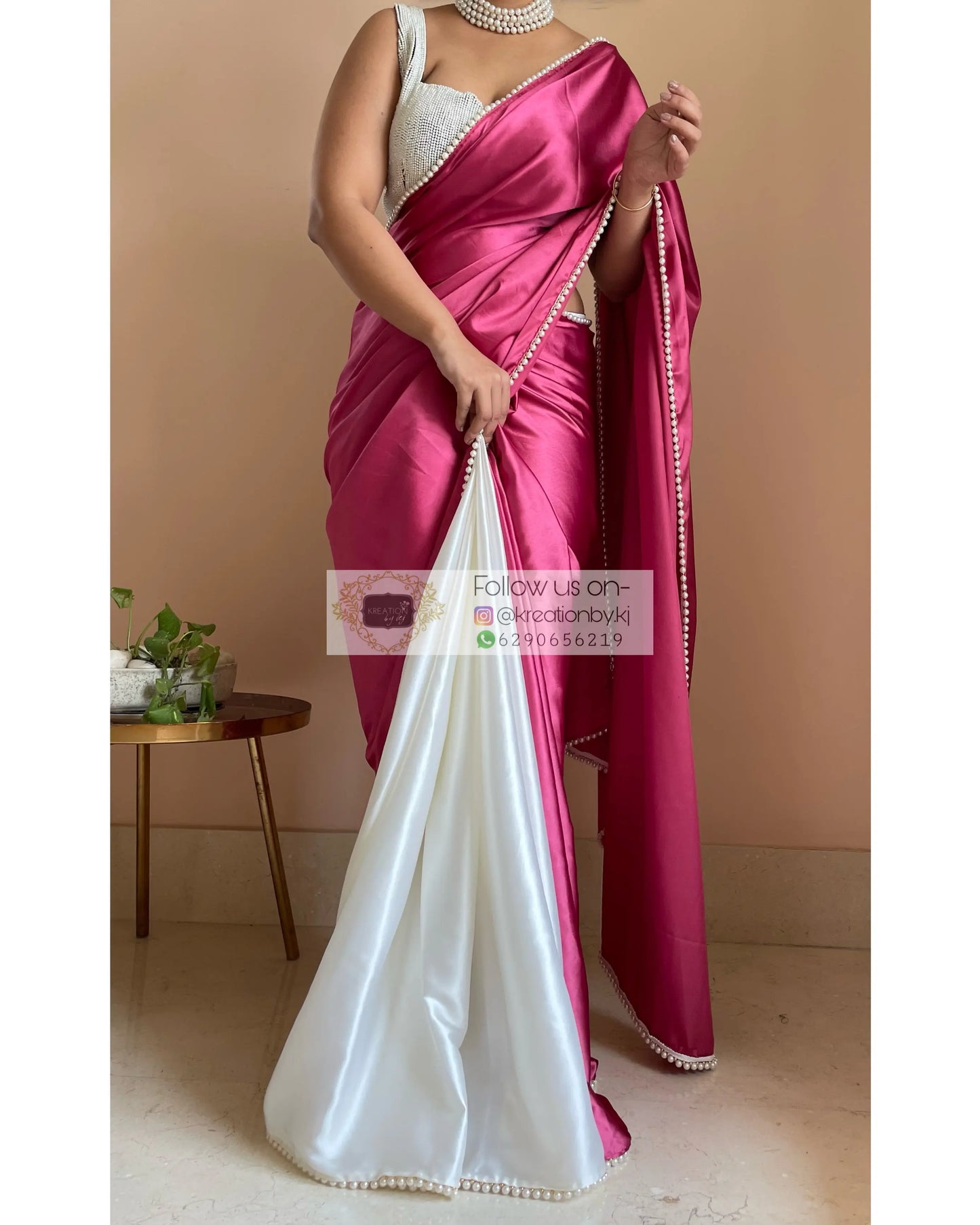 Pink Carnations Two in One Satin Saree - kreationbykj
