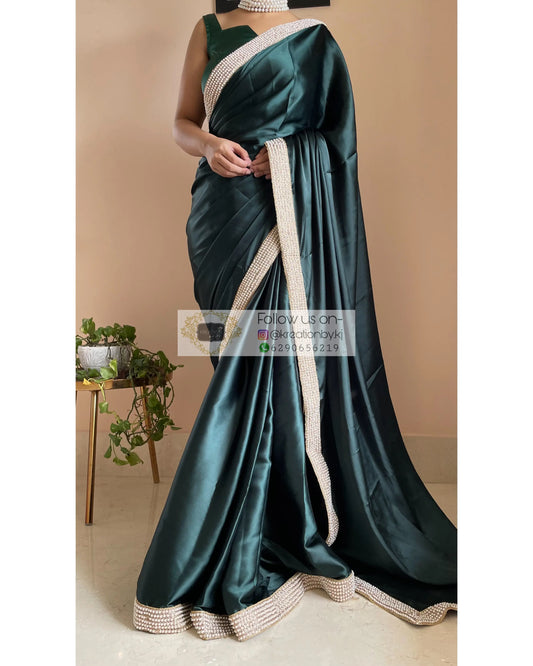 Dark Blackish Green Mother Of Pearl Saree - kreationbykj
