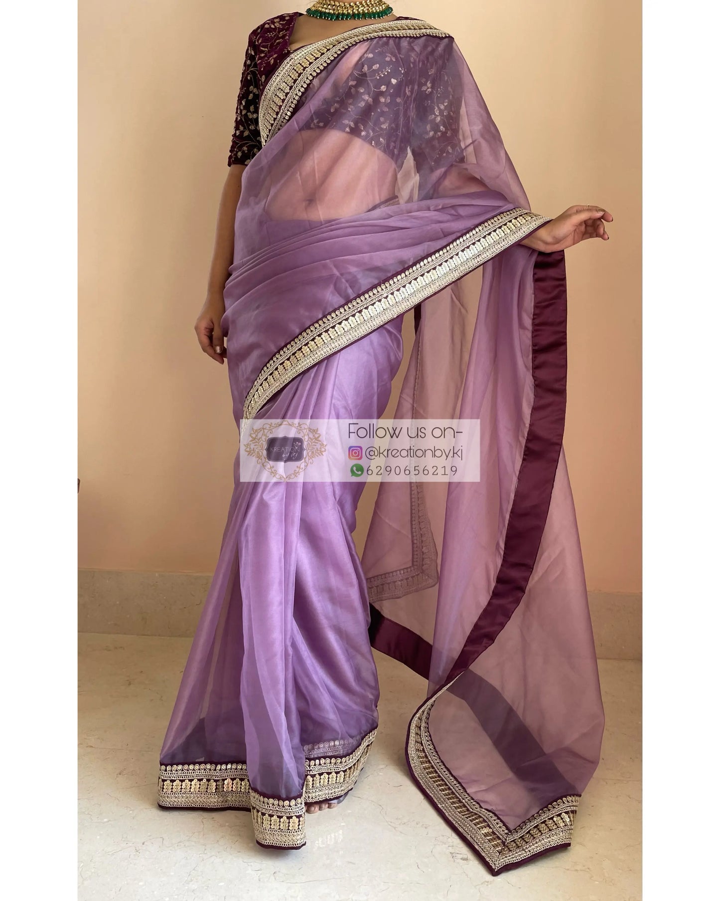 Light Purple Organza Saree with Wine Border - kreationbykj
