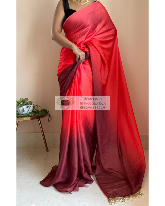 Orange and maroon Ombré Crepe Silk Saree with Handmade Tassels on Pallu - kreationbykj