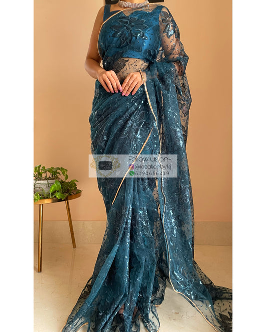 Blue Floral Net Saree - kreationbykj