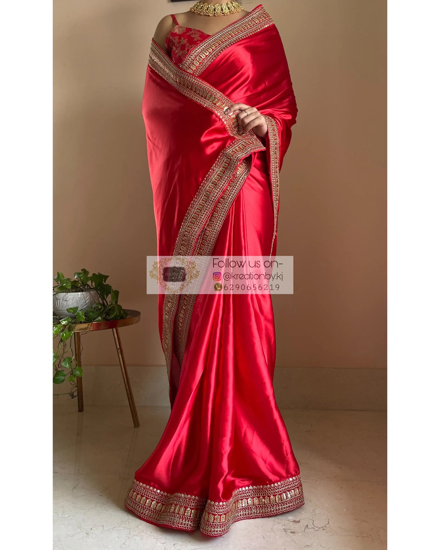 Surkh Laal Satin Silk Saree with Border - kreationbykj