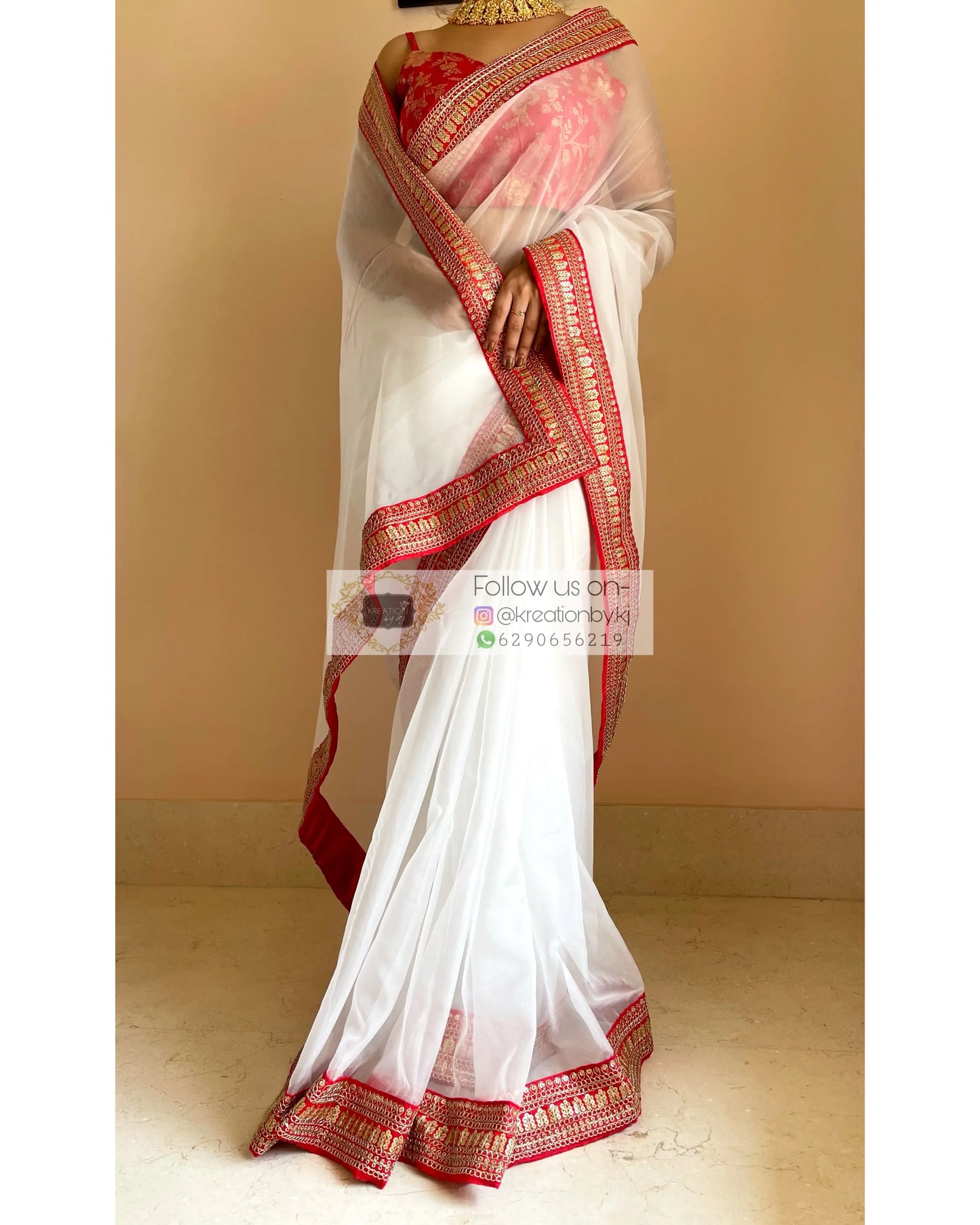 White Organza Saree with Red Border - kreationbykj