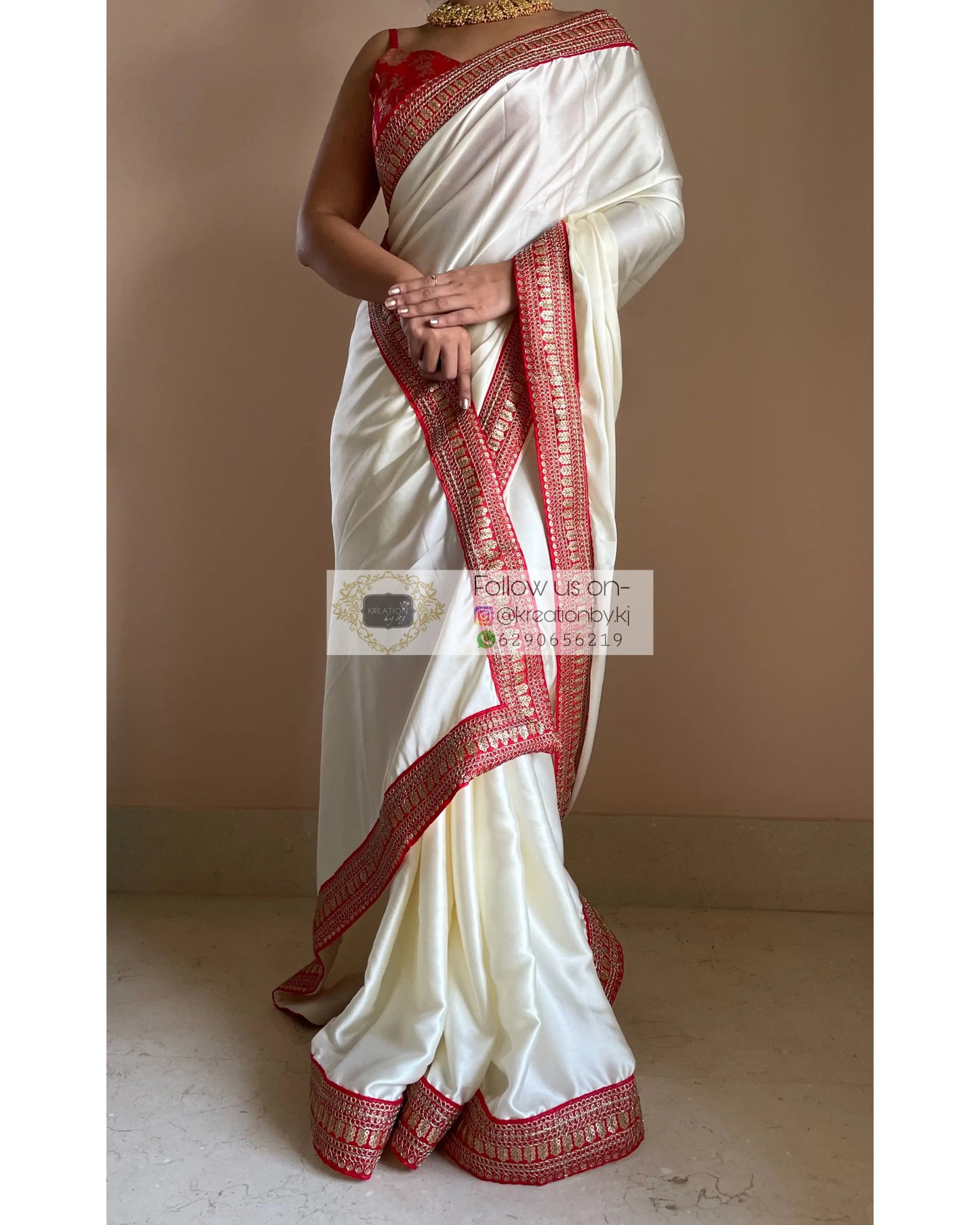 Cream Satin Saree with Red Border - kreationbykj
