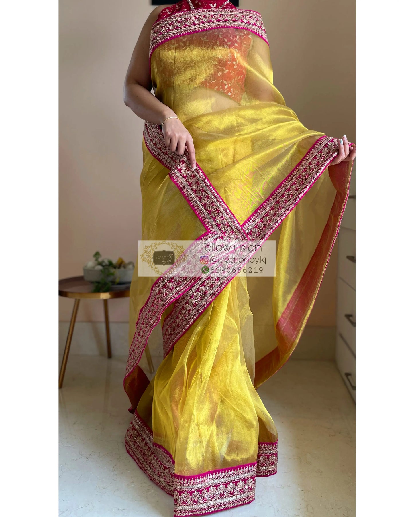 Gold Tissue Silk Saree with Fuschia Border - kreationbykj