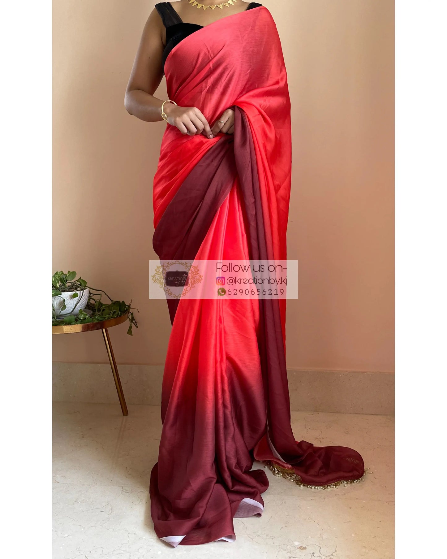 Vermillion Ombré Crepe Silk Saree with Handmade Tassels on Pallu - kreationbykj