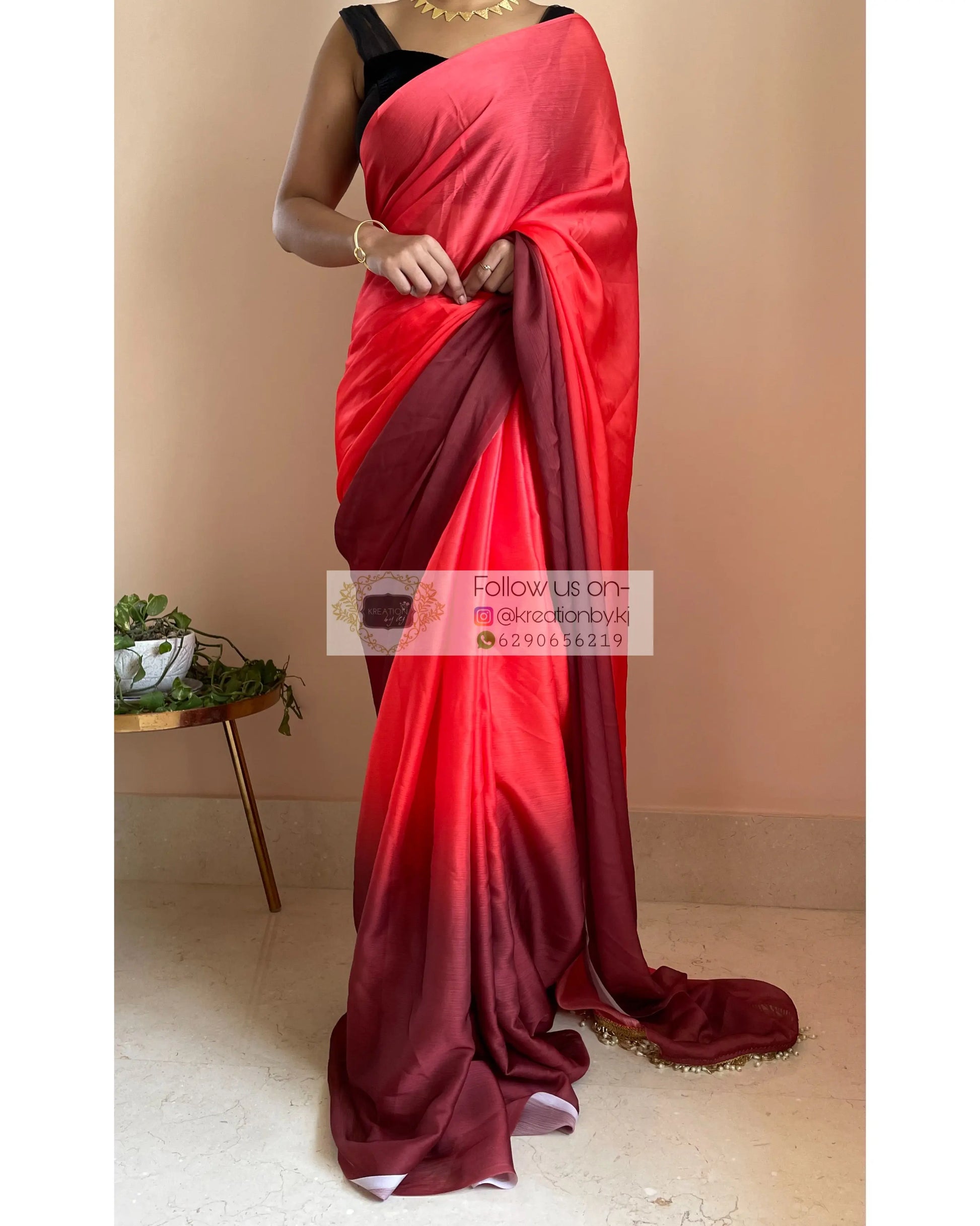 Vermillion Ombré Crepe Silk Saree with Handmade Tassels on Pallu - kreationbykj