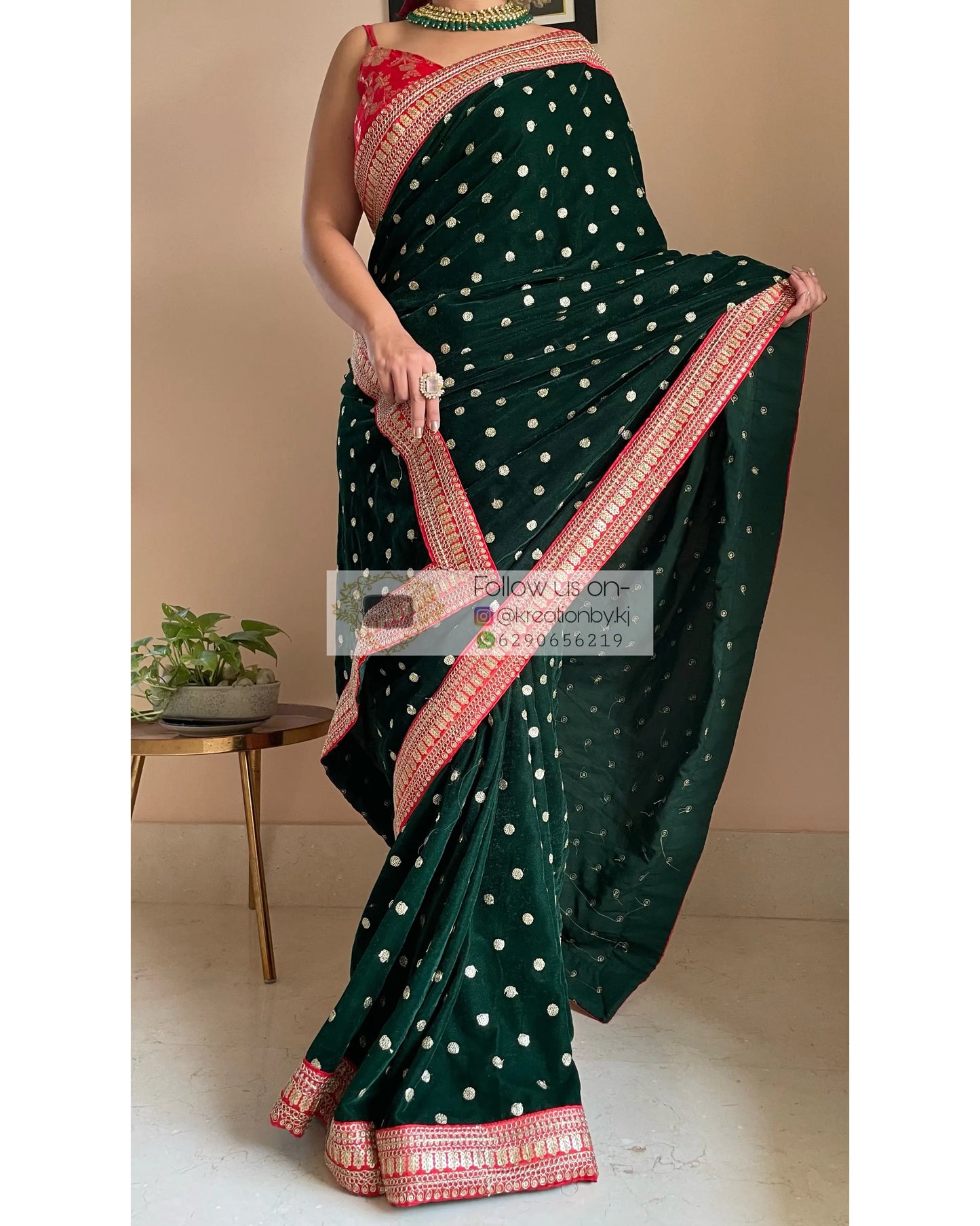 Bottle Green Velvet Saree with Border - kreationbykj