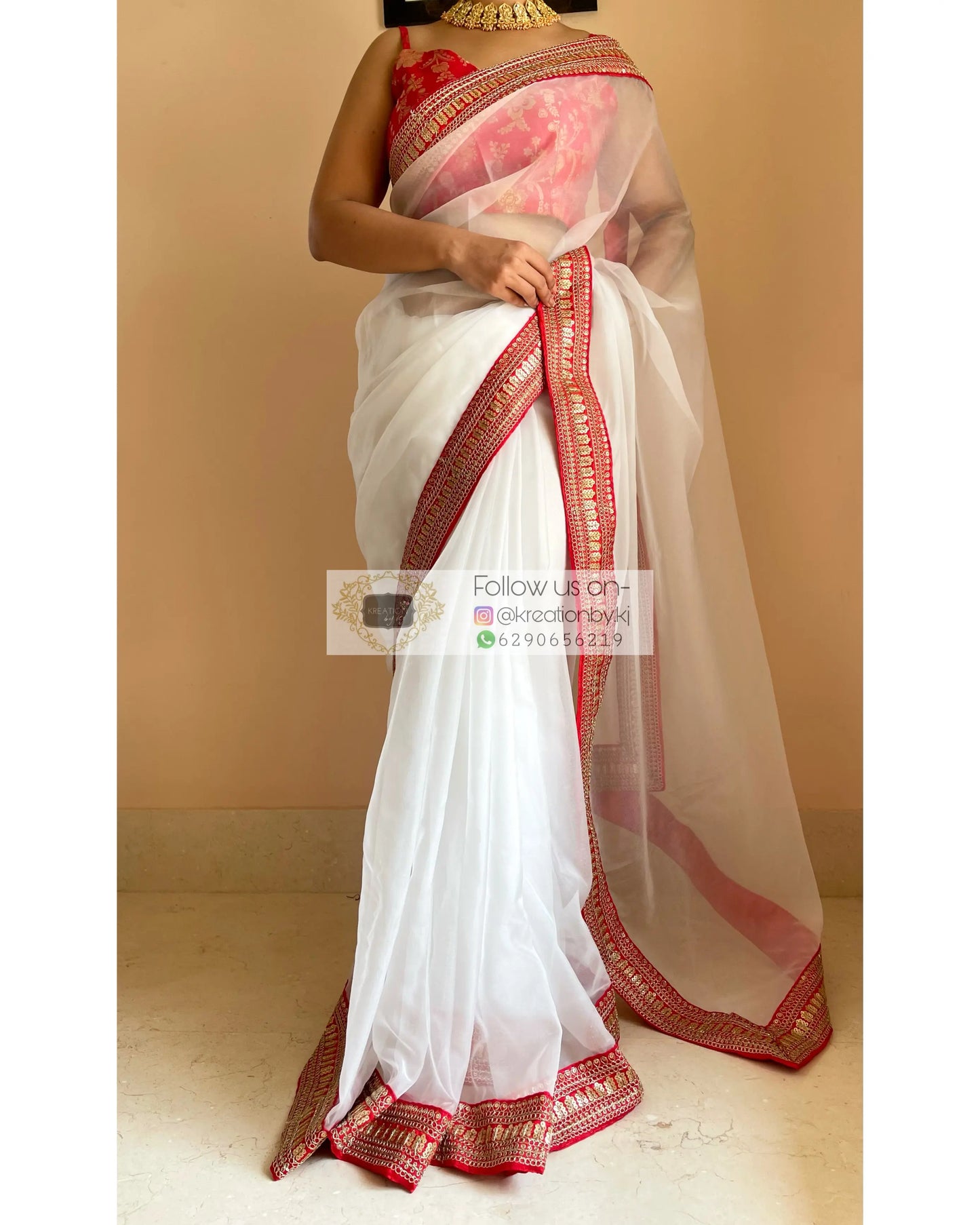 White Organza Saree with Red Border - kreationbykj