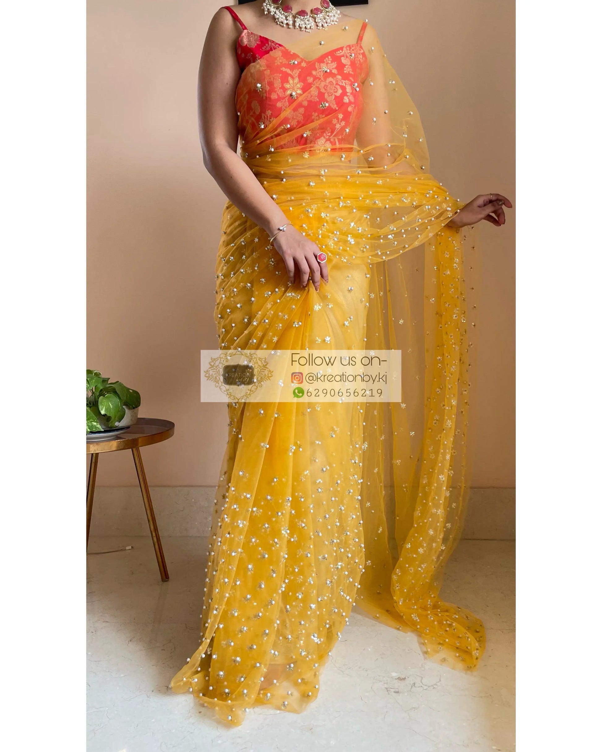 Jugnoo Yellow Net Saree - kreationbykj
