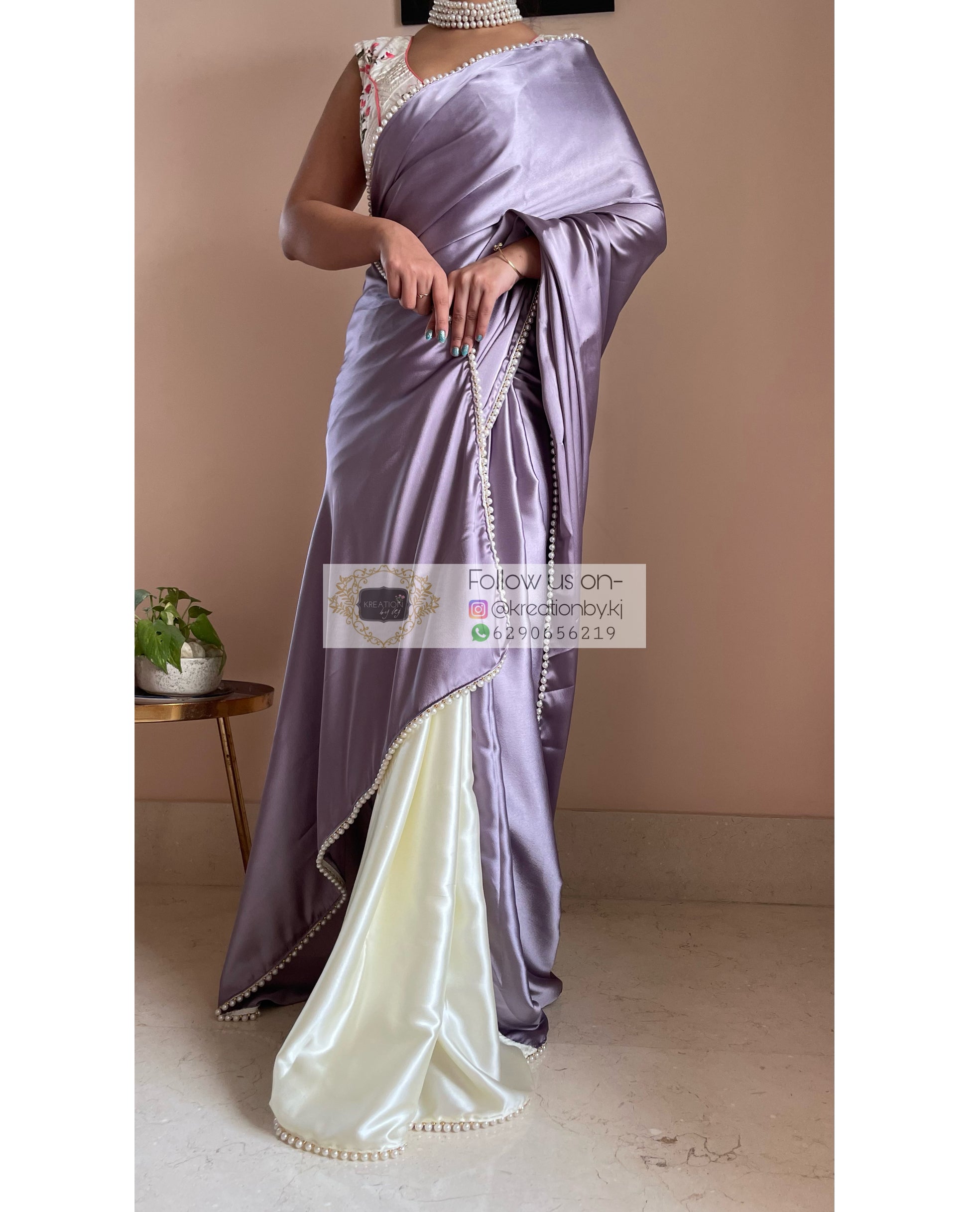 Lavender Lullaby Two in One Satin Saree - kreationbykj