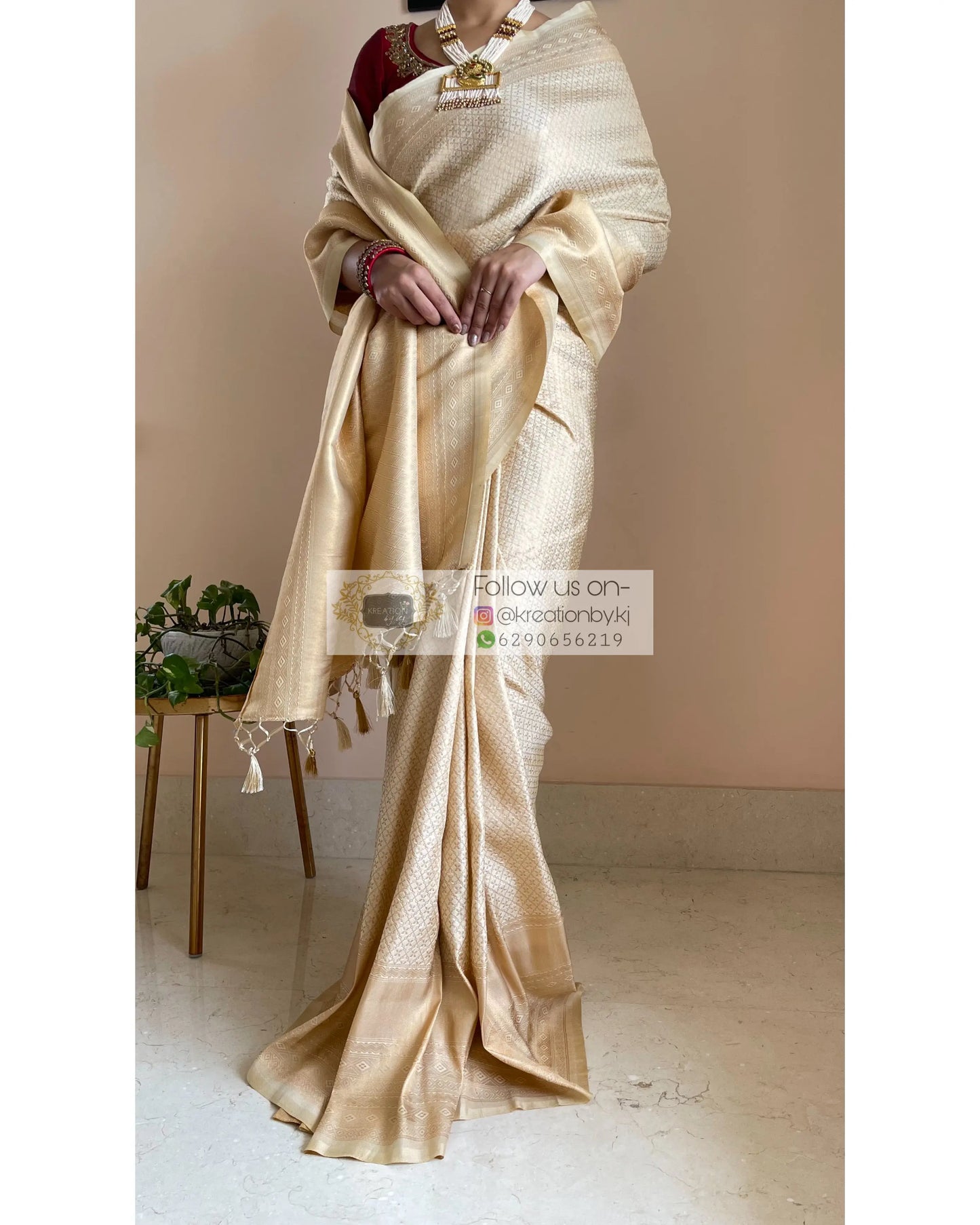 Beige Banarasi Saree with Designer Blouse - kreationbykj