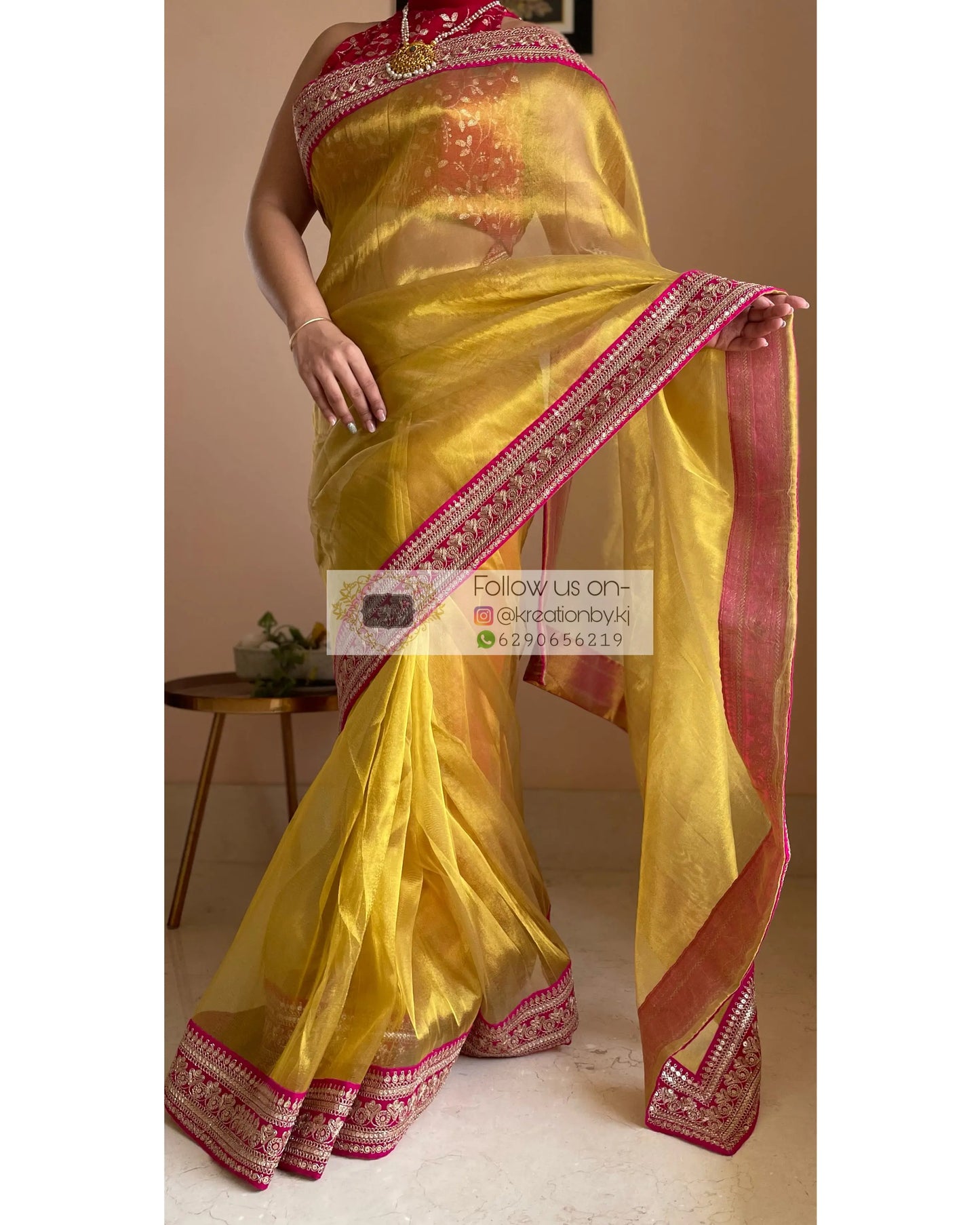 Gold Tissue Silk Saree with Fuschia Border - kreationbykj