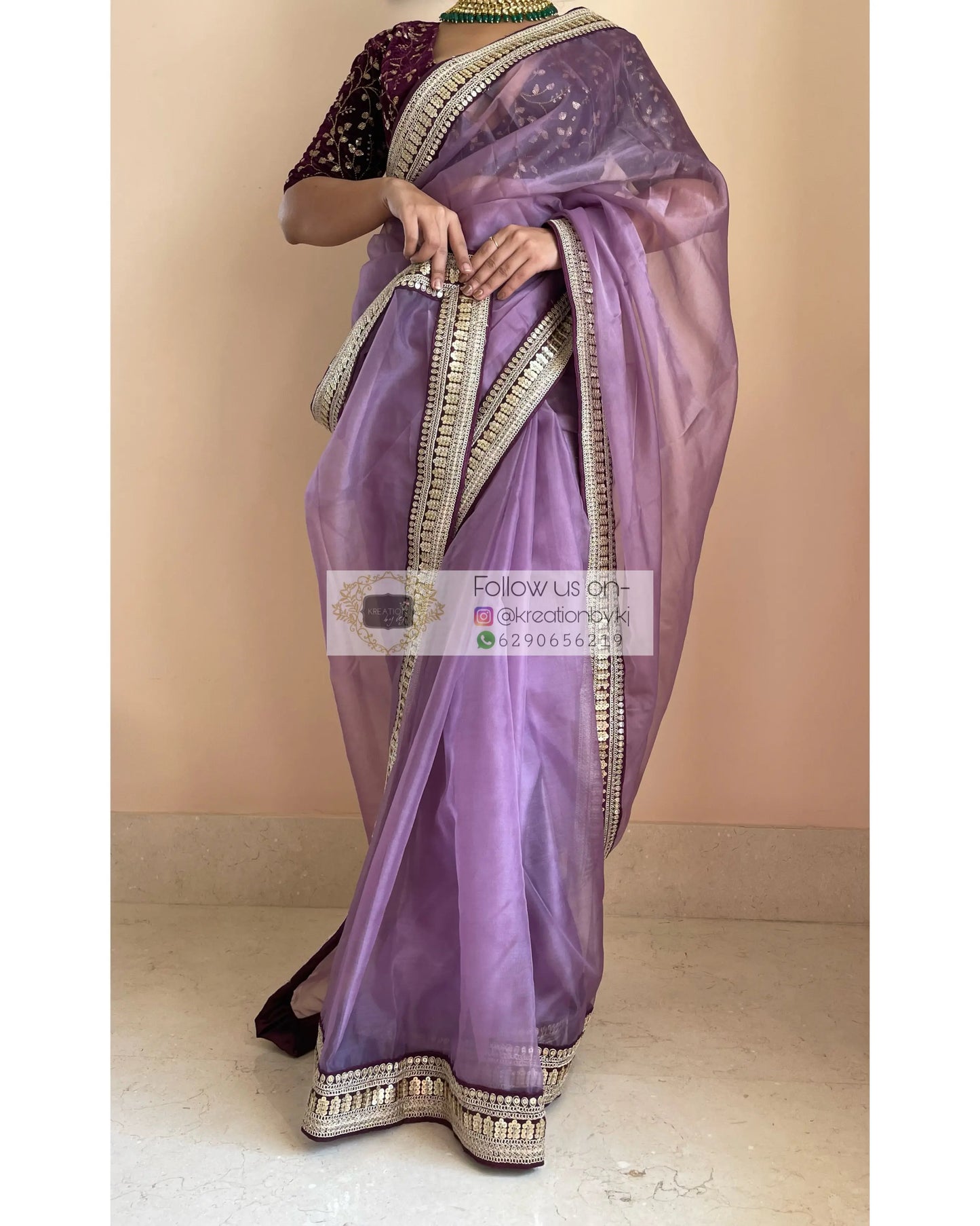 Light Purple Organza Saree with Wine Border - kreationbykj