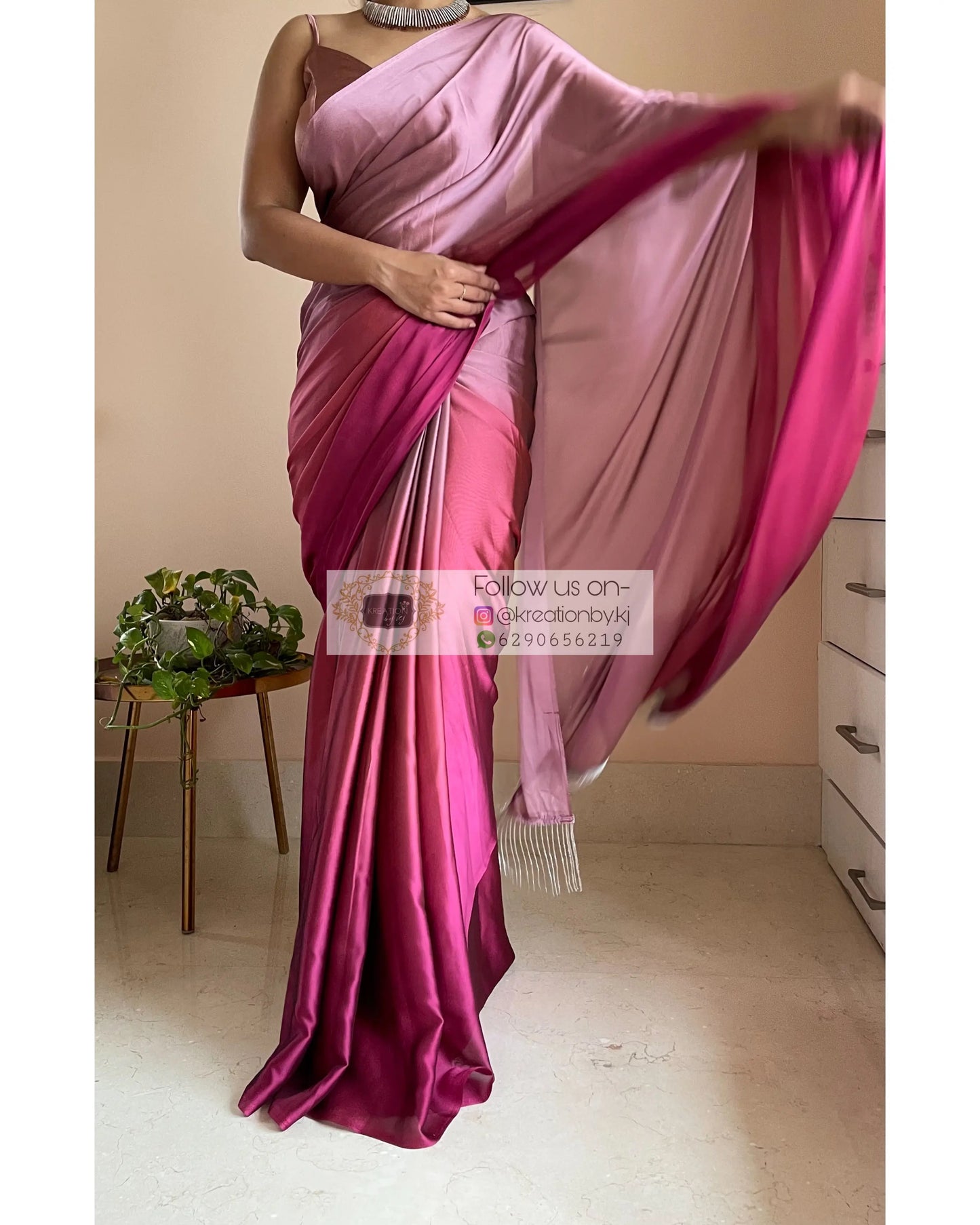Pink Panther Georgette Ombré Saree with Handmade Tassels on Pallu - kreationbykj