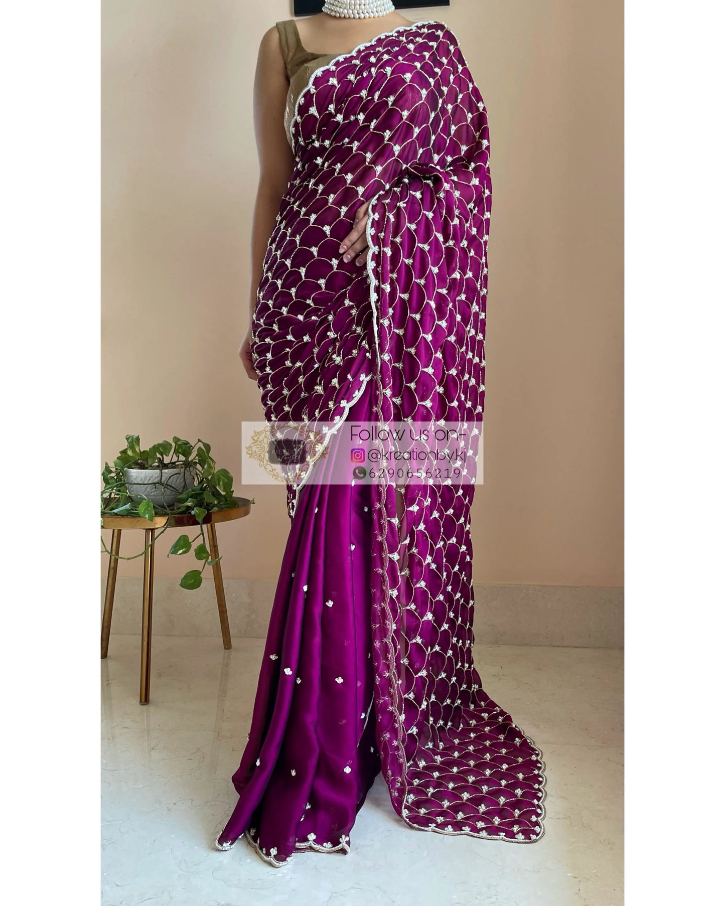 Wine Georgette Cutdana Mehraab Jaal Saree - kreationbykj