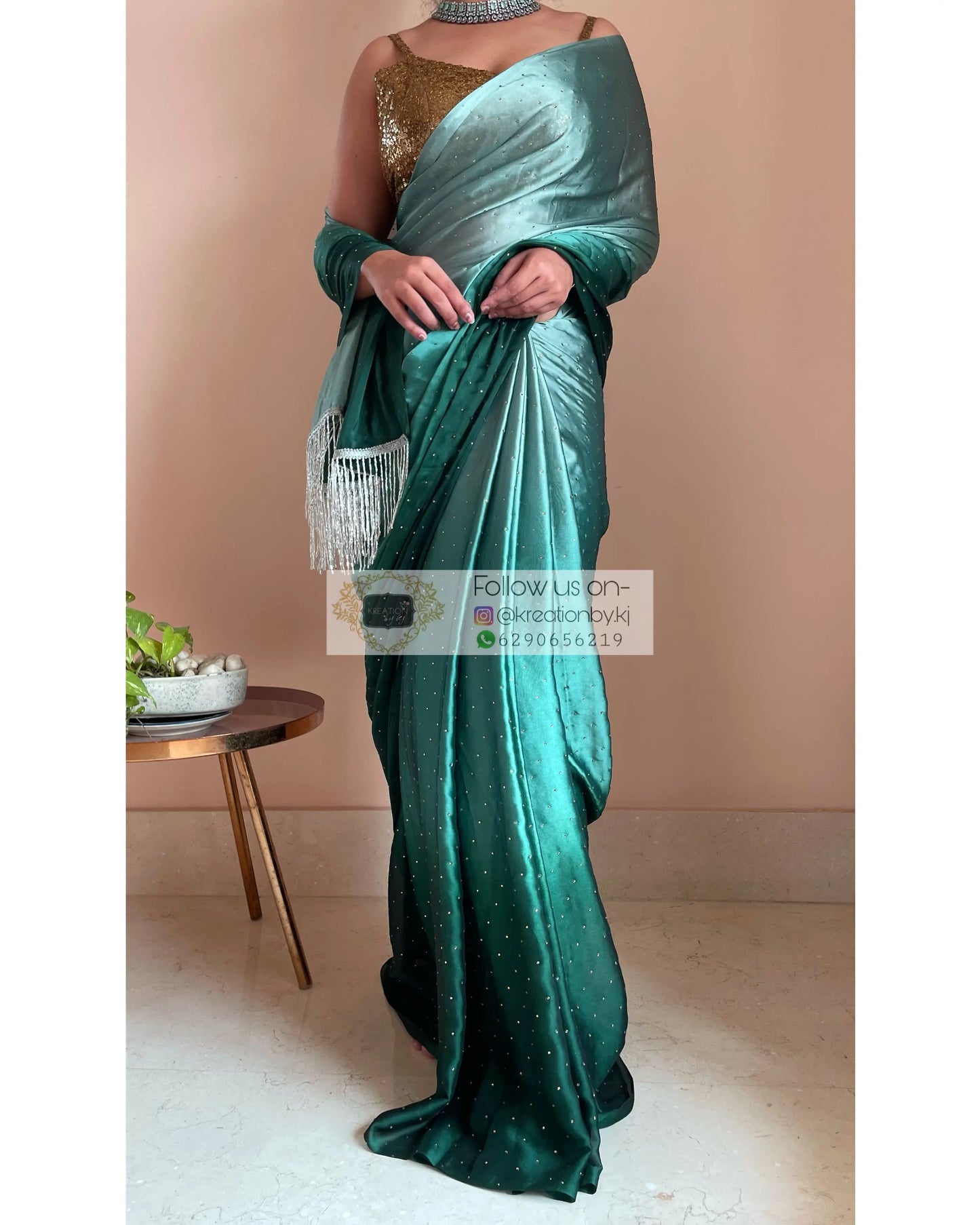 Ombré Emerald Green Saree with Stone Work - kreationbykj