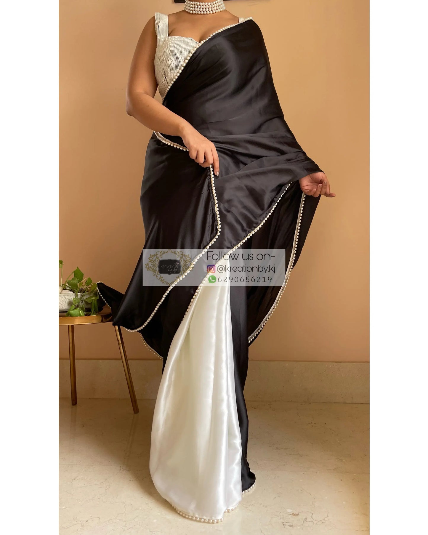 Monochrome Two in One Satin Saree - kreationbykj
