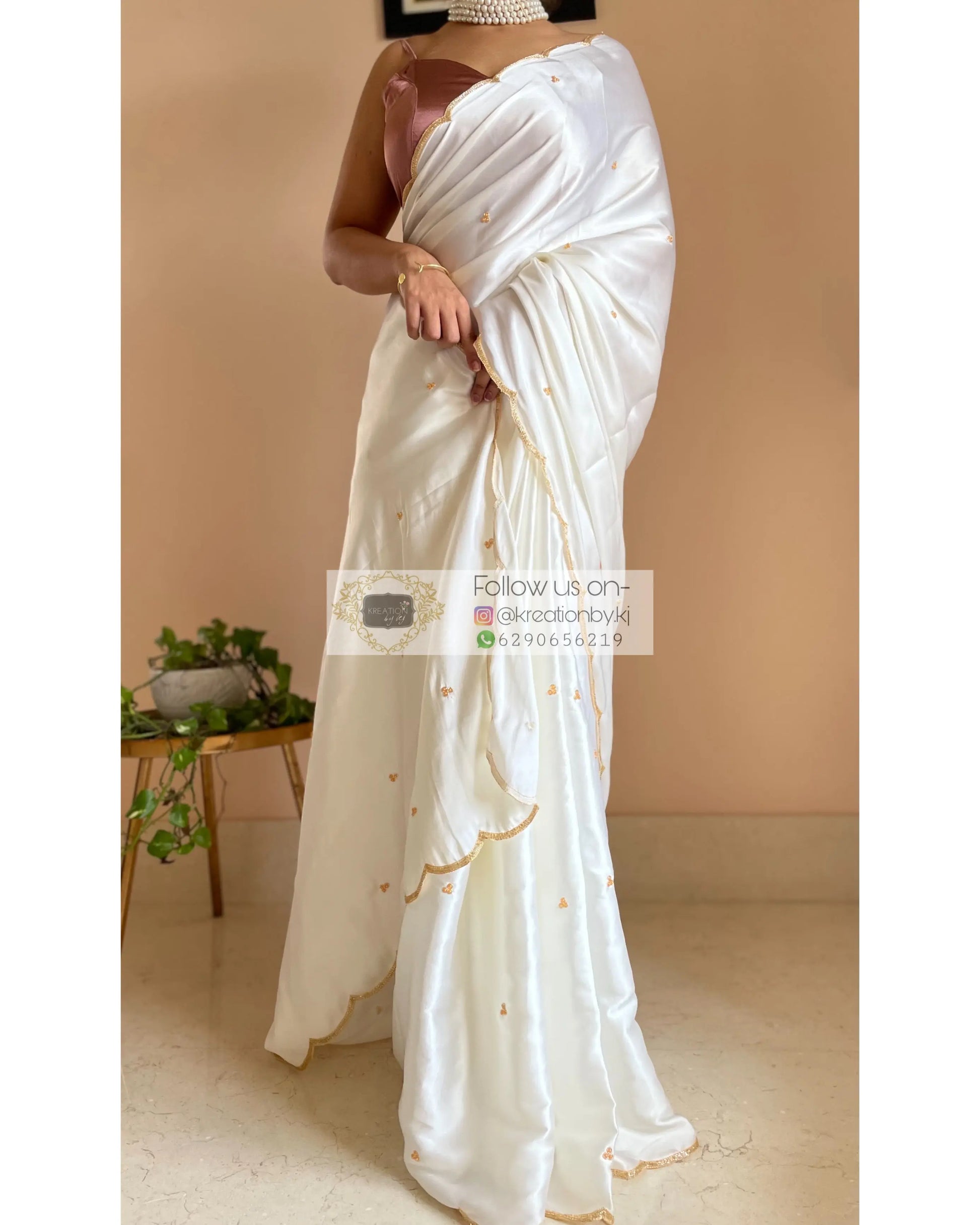 Cream Satin Silk Saree with Handembroidered Scalloping - kreationbykj