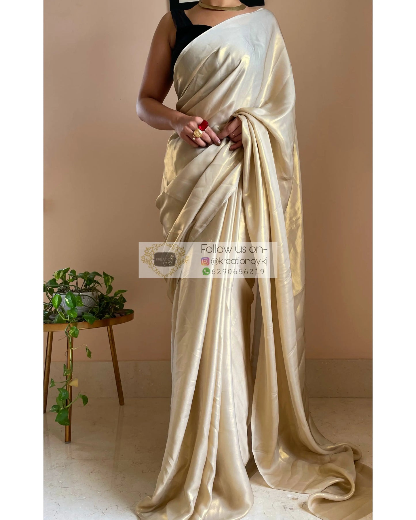 Beige Shimmer Satin Saree - kreationbykj