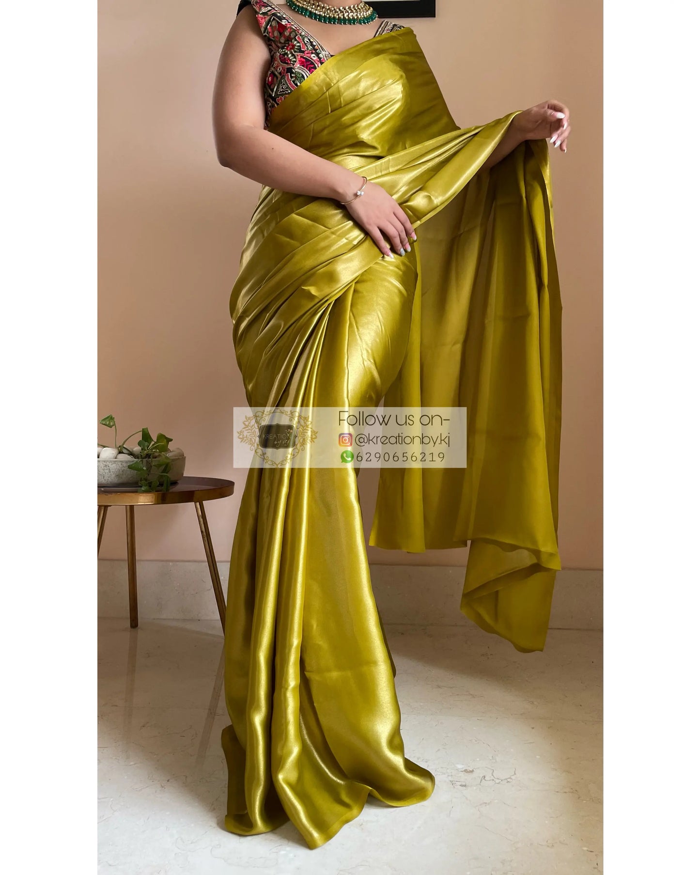 Mehendi Green Shimmer Satin Saree - kreationbykj