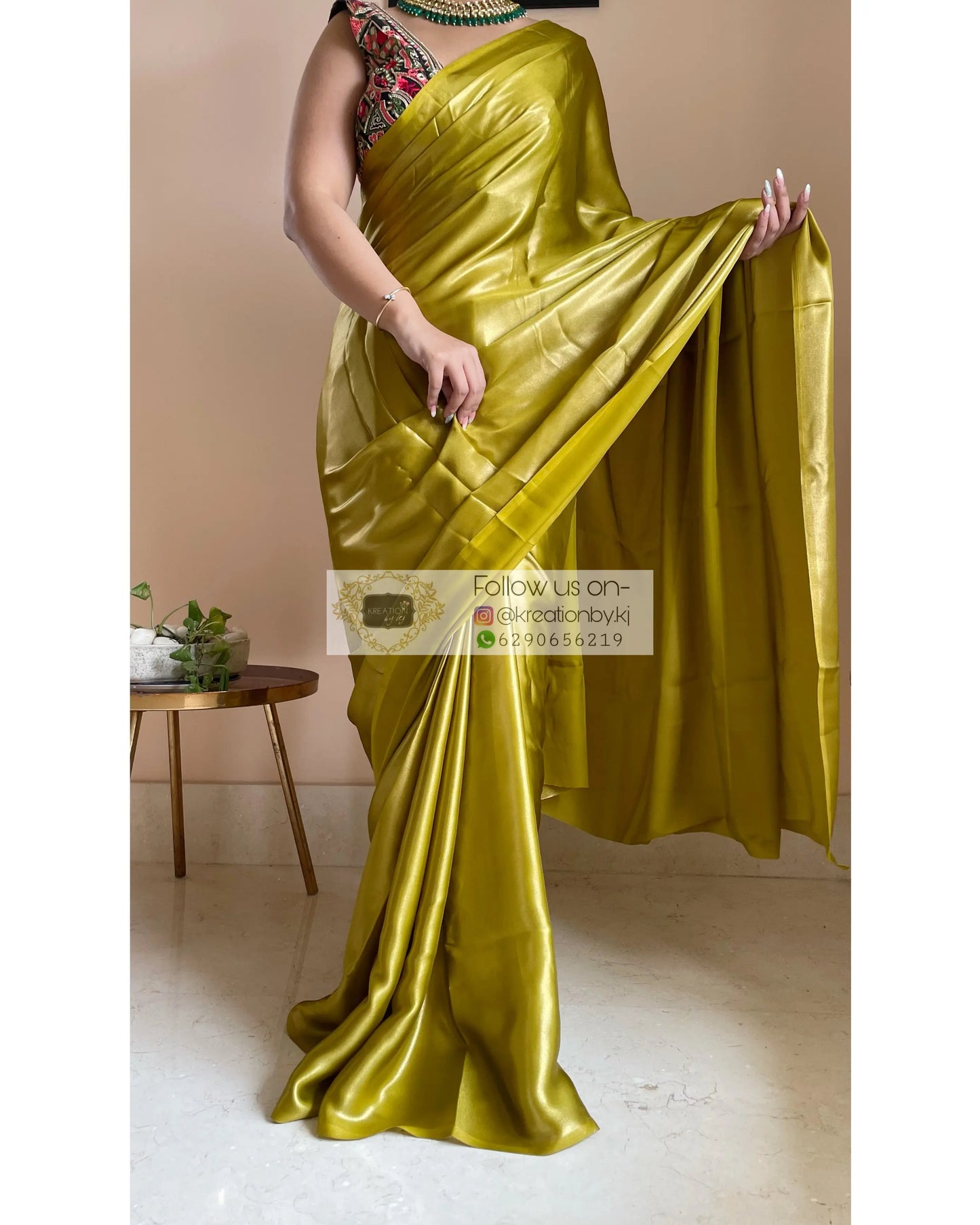 Mehendi Green Shimmer Satin Saree - kreationbykj