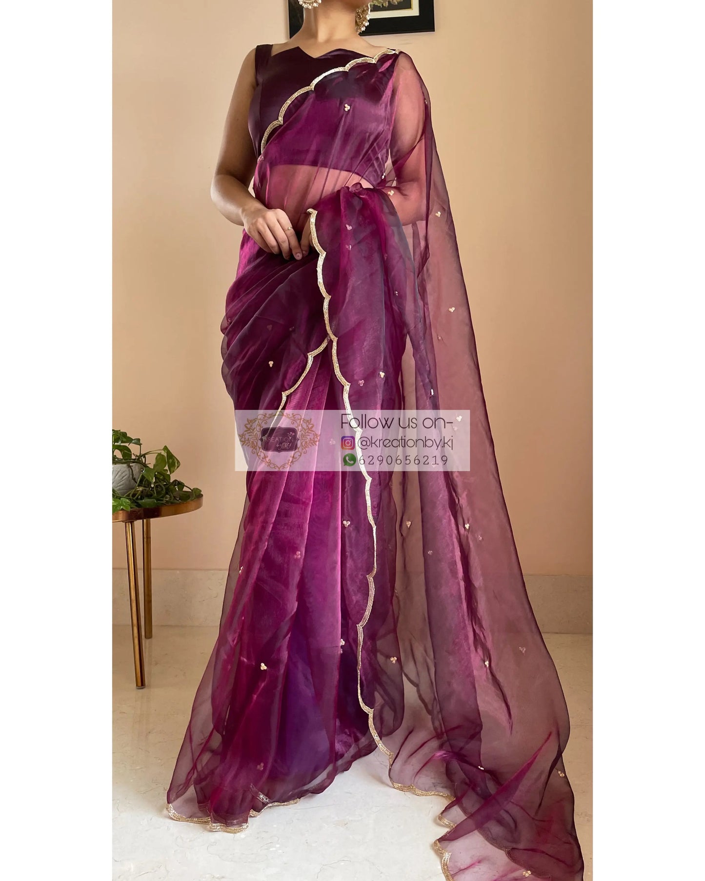 Purple Wine Glass Tissue Saree With Handembroidered Scalloping - kreationbykj