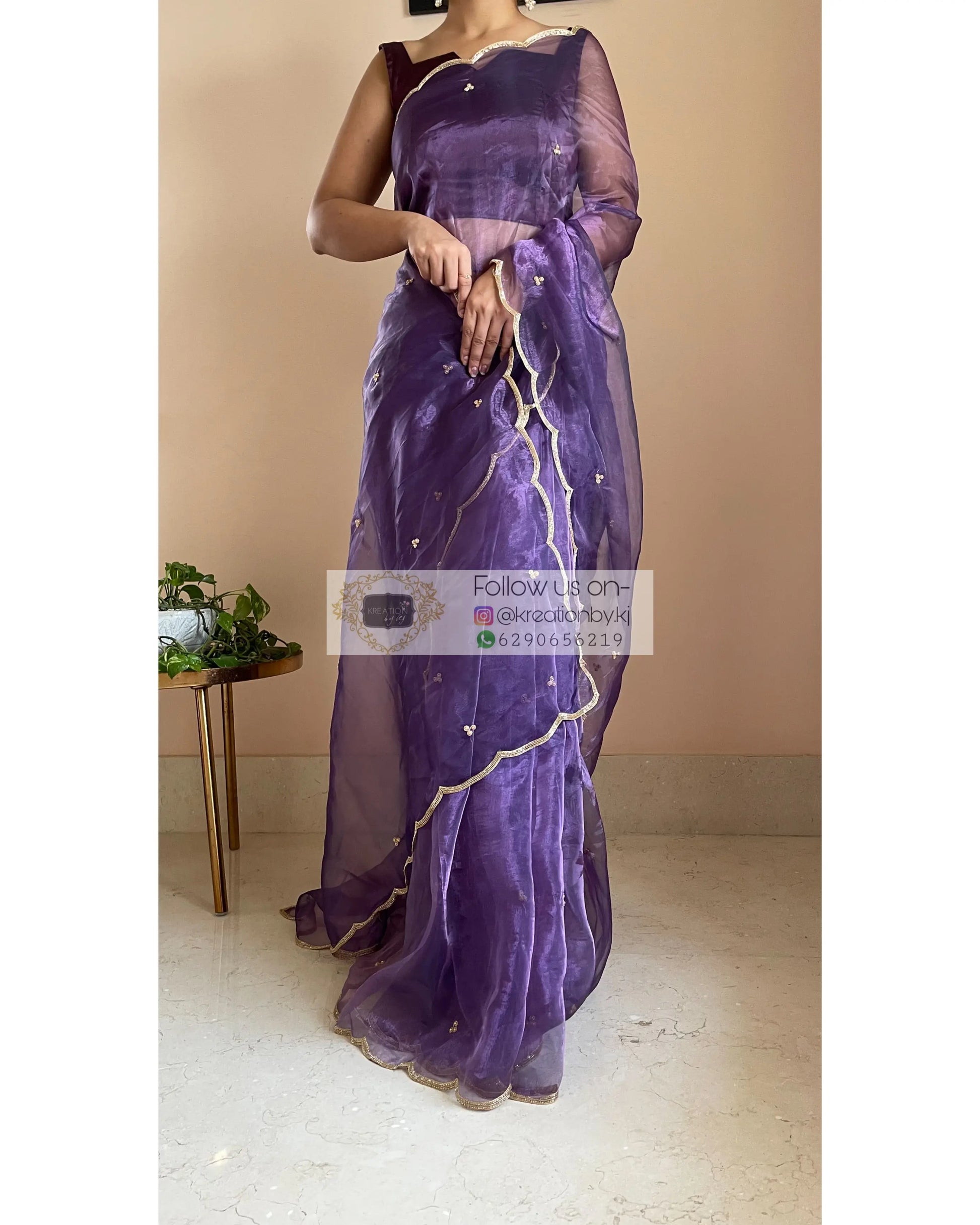 Violet Glass Tissue Saree with Handembroidered Scalloping - kreationbykj